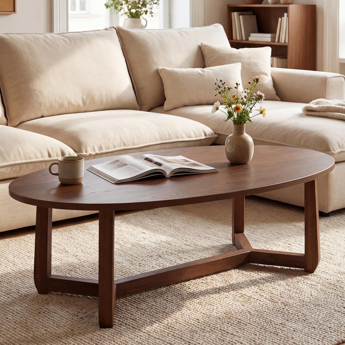 POWERSTONE Oval Coffee Table, 46'' Wooden Center Table, Low Profile Modern Living Room Table for Home, Reception, Office, Small Space, Walnut