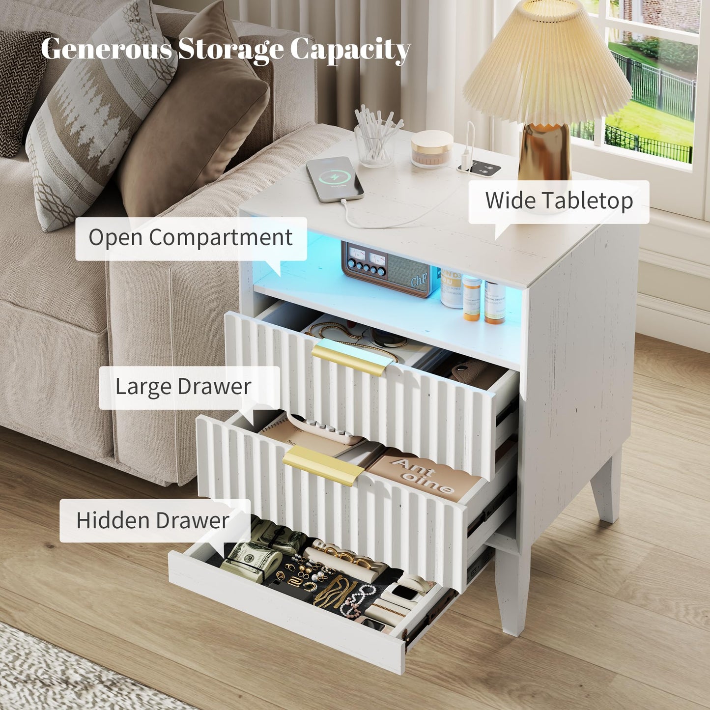 LVSOMT 20'W Fluted Nightstand with Charging Station, LED Night Stand with RFID Lock Hidden Drawer, Mid Century Modern Bedside Table for Bedroom, 2 Drawers and Open Storage Cubby, White