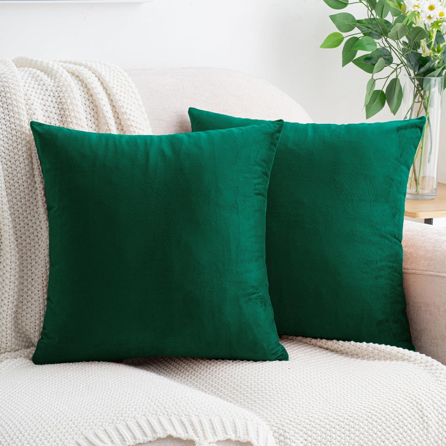 HWY 50 Dark Green Velvet Throw Pillow Covers 18x18 Inch, Pack of 2 Soft Cozy Solid Decorative Luxury Cushion Cases for Couch Sofa Bed Living Room Bedroom