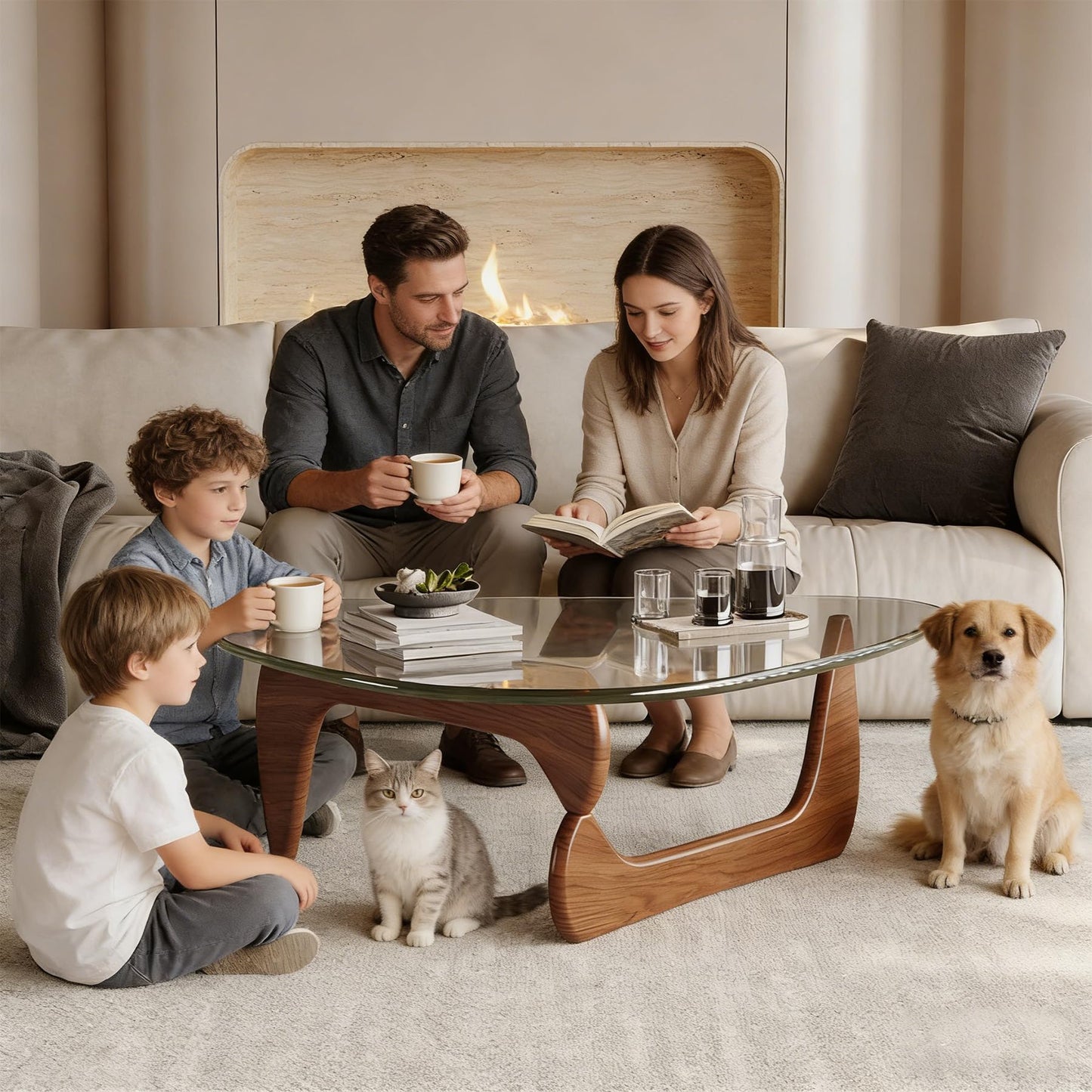 Modern Coffee Table for Living Room Retro Center Table with Wood Base & Triangle Brown Glass Top Abstract Noguchi Coffee Tables for Home Office 112