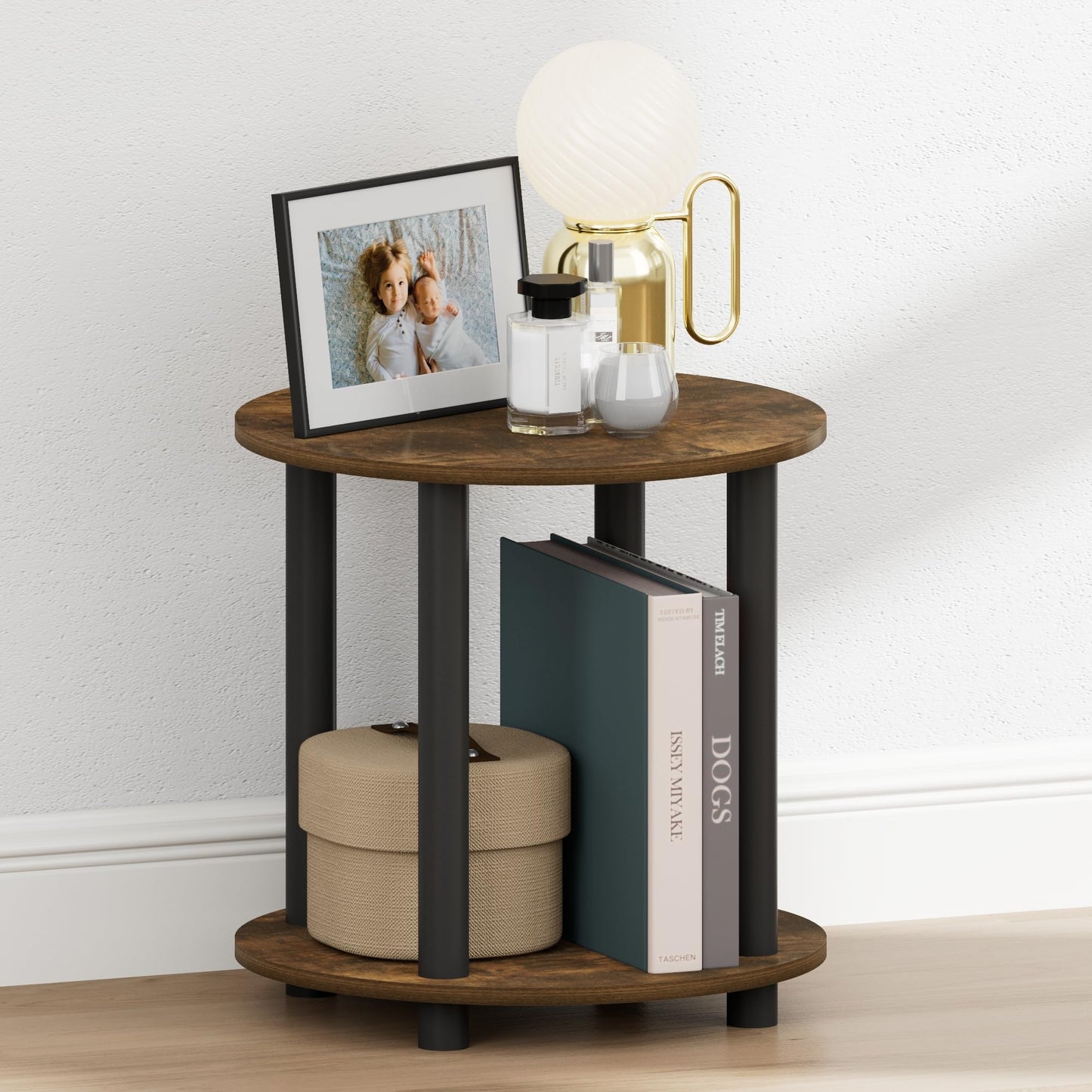Furinno Turn-N-Tube Night Stand, 2-Tier Small Round Nightstand, Toolless Assembly End Table with Open Shelf, Bedside Table, Side Table, for Bedroom, Closet, Dorm, Amber Pine