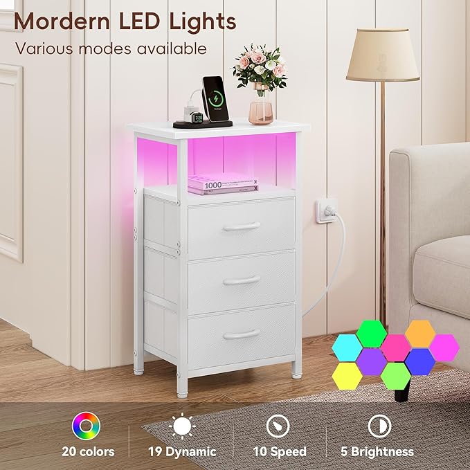 Vagusicc Night Stand with Charging Station, LED Nightstand