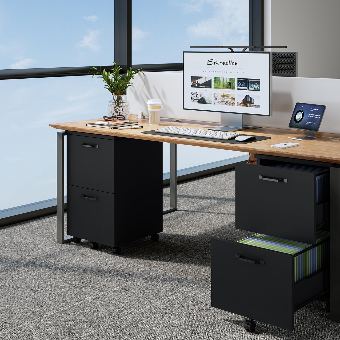 Sweetcrispy 2 Drawer Filing Cabinet Black, Rolling Wood File Cabinets, Home Office Organizer, Under Desk Storage Lockable Wheels, Printer Stand, Storage Cabinet, Black