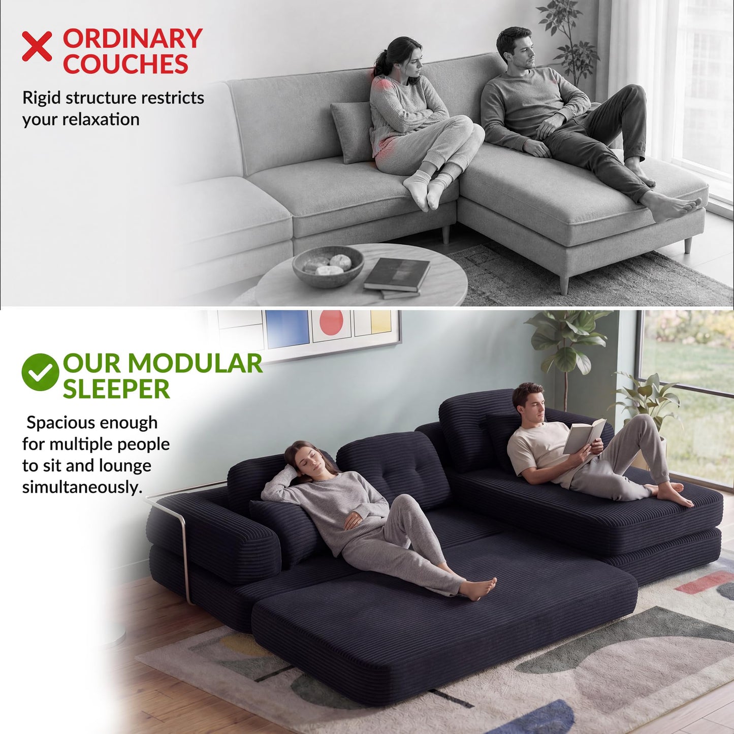 YasuSoofa Boneless Sectional Couch with Chaise, Convertible L-Shape Floor Sleeper with High Headrest, Modular Sofa Bed for Living Room Apartment, No Assembly, Gray