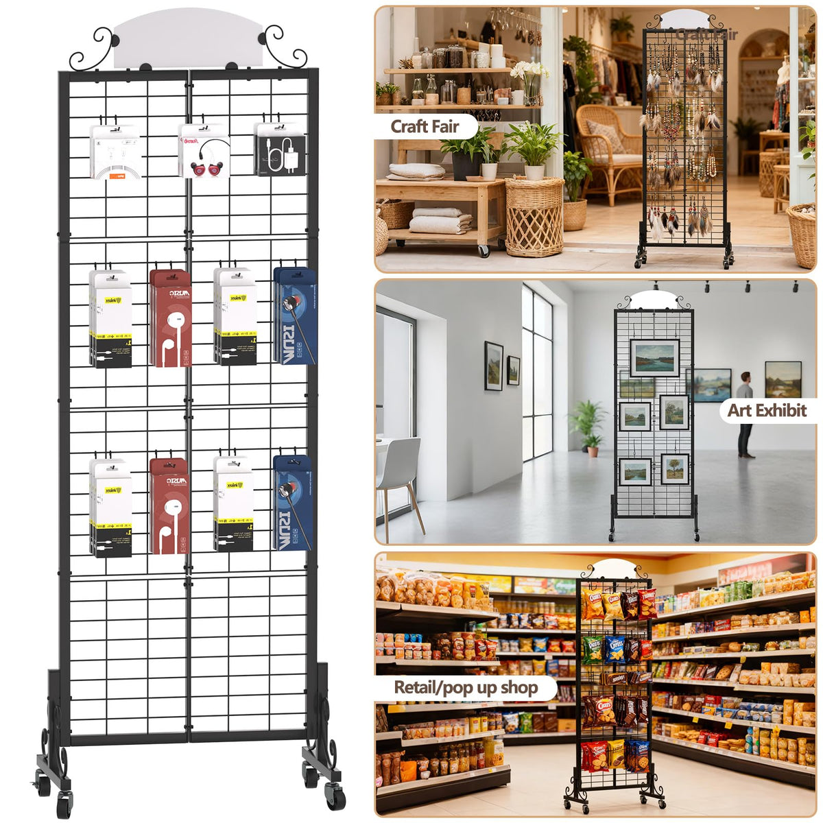 Urban Deco 3 Packs Grid Wall Panel Display Stand, 2.2' x 6.2' FT Gridwall Panel with Extra 24 Hooks, Craft Show Display Rack Black Metal Grids Standing Wire Rack for Retail Merchandise