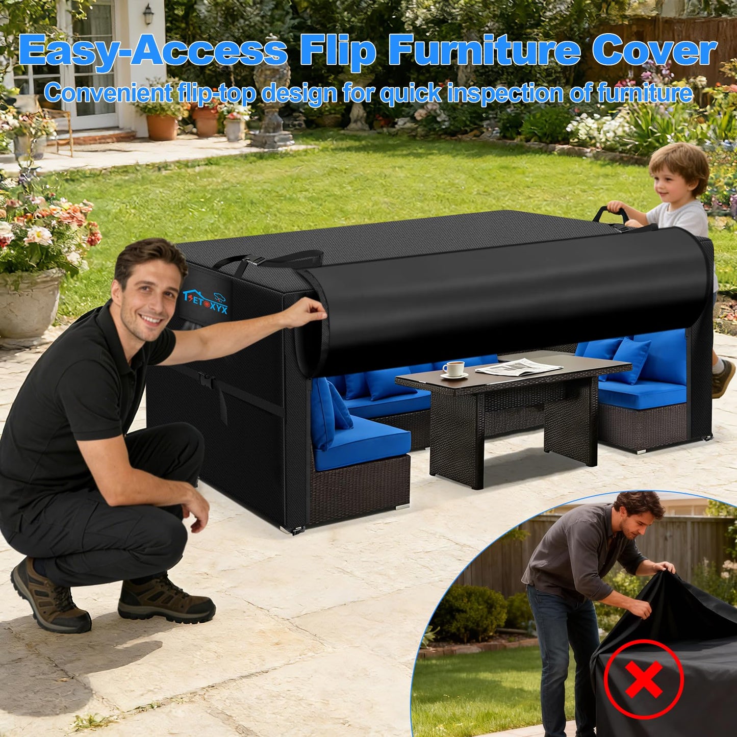 SETOXYX Patio Furniture Covers Rectangle, 420D Outdoor Furniture Set Covers, Waterproof Outside Table Covers Furniture Covers with Flip-Open Zipper Design, Windproof Buckle Straps,90" Lx62 Wx28.3 H
