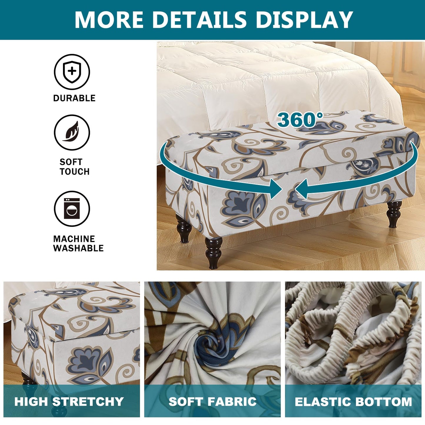 KRFOONN Rectangle Ottoman Covers Stretch Folding Storage Ottoman Bench Cover Printed Storage Footstool Covers Footrest Stool Slipcover Furniture Protector for Living Room Bedroom Bench (Small, 08)