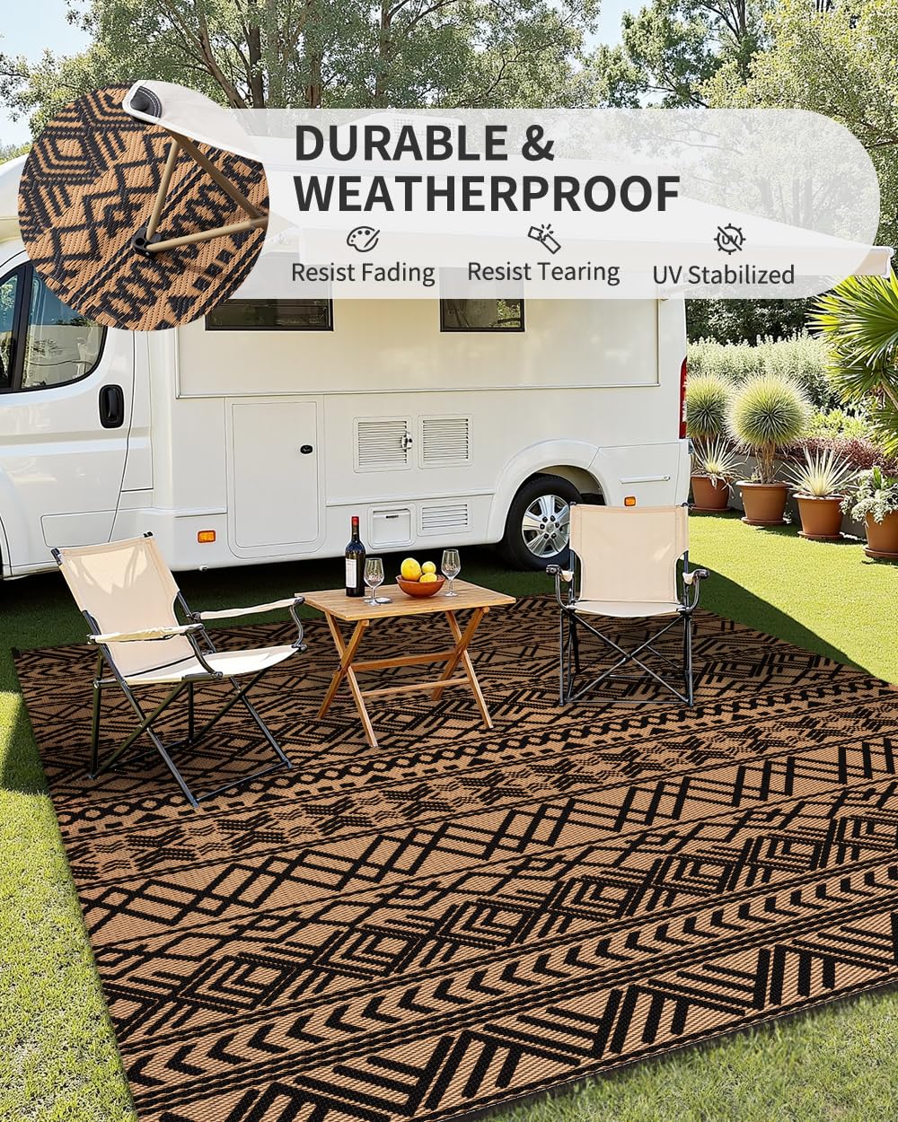 MontVoo-Outdoor Rug Carpet Waterproof 5x8 ft Reversible Patio Rug RV Camping Rugs Plastic Straw Outside Indoor Outdoor Area Rugs for Patio Deck Balcony Picnic Beach Outdoor Decor Boho Black Brown