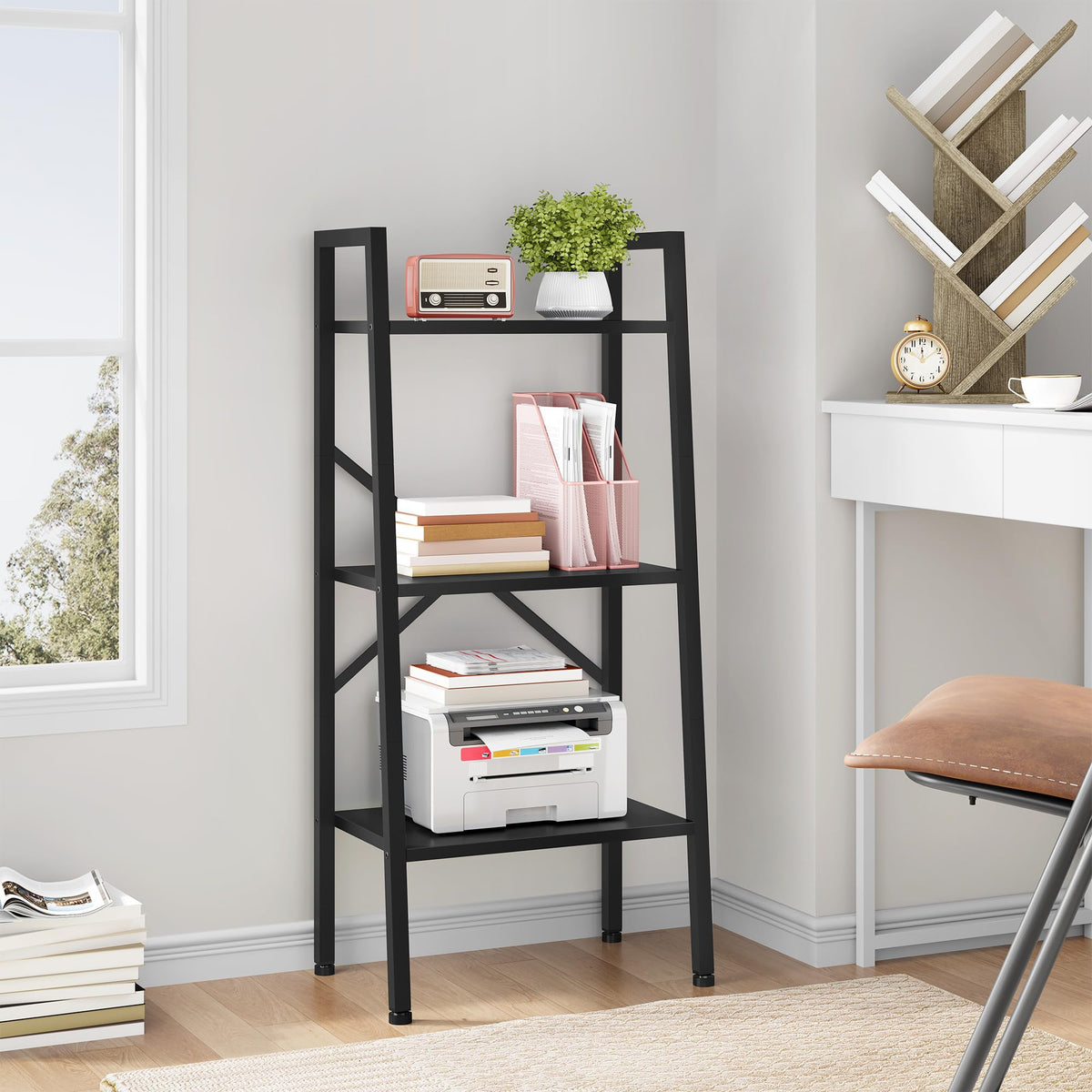 Hoctieon 3-Tier Industrial Ladder Bookshelf, Narrow Ladder Shelf, Tall Standing Bookshelf, Skinny Open Ladder Shelf, for Living Room, Home Office, Kitchen, Bedroom, Metal Frame, Black