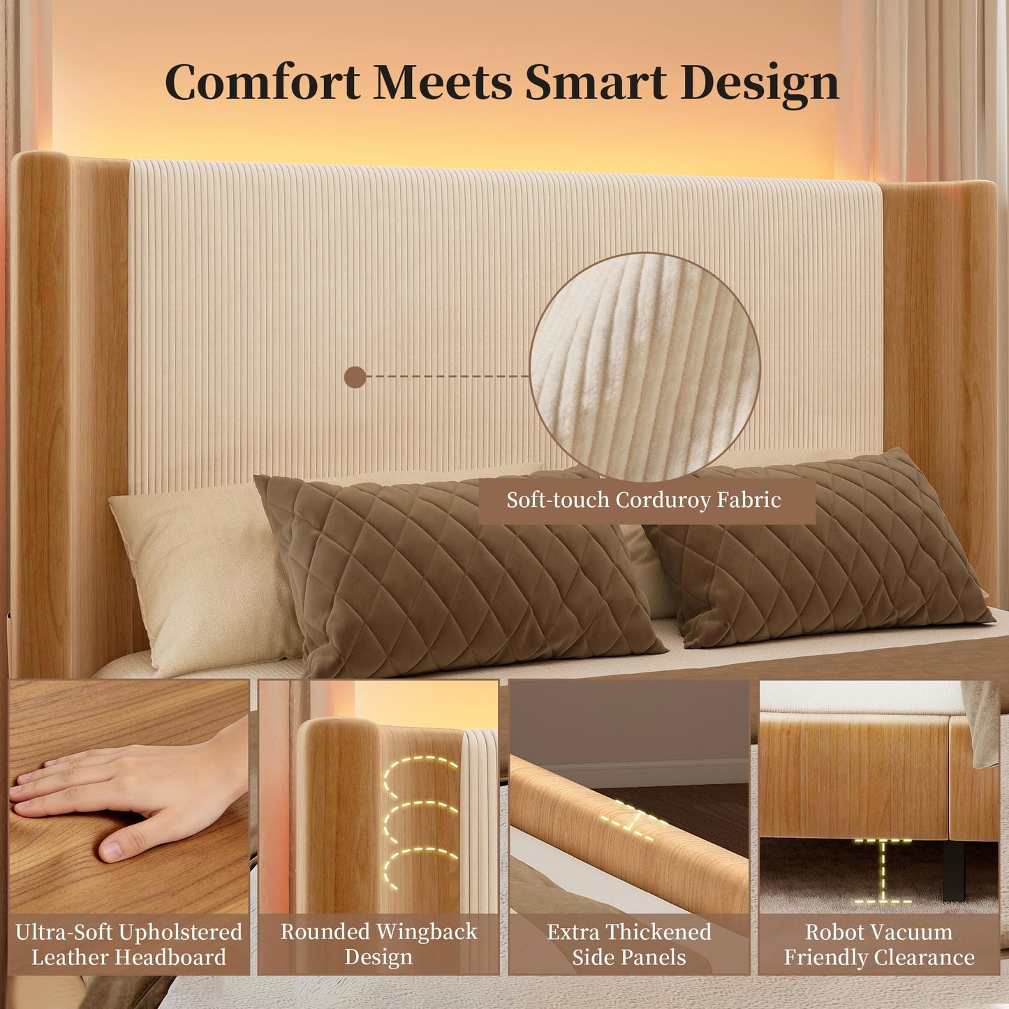 SIBEDS 18" H Full Adjustable Bed Frame with LED Light, Corduroy Headboard, Faux Leather Upholstered Platform Bed Frame, Dark Brown Oak Wood Grain Printed Finish, Zero Noise Quiet Motor, Head Incline