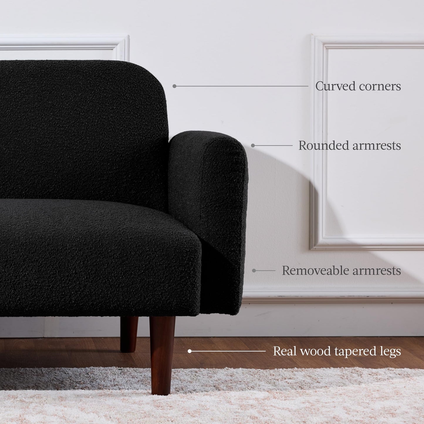 Best Choice Products 77" Mid Century Modern Boucle Loveseat Sofa, Couch, Convertible Sofa Sleeper Bed w/Real Wood, Removable Armrest - Midnight Black