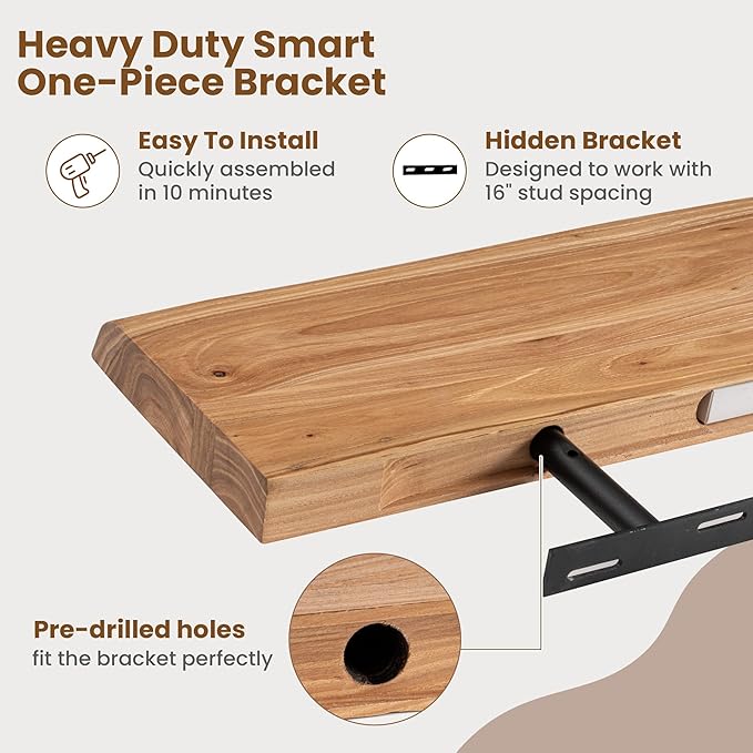 Floating Shelves for Wall Decor, Rustic Solid Elm Wood Live Edge Floating