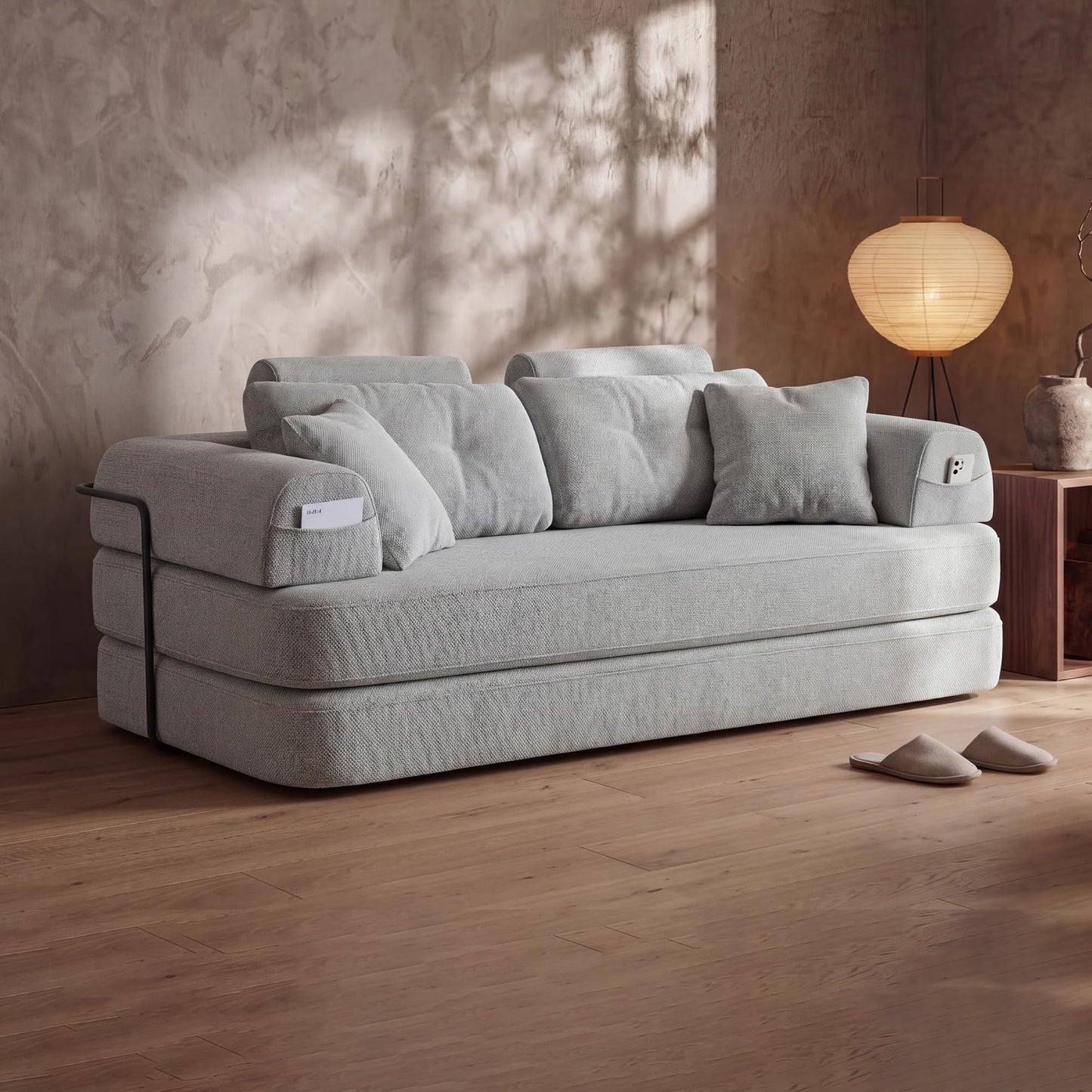 Boneless Floor Sofa, 3-in-1 Convertible Loveseat Sleeper Futon, Modular Small Space Couch Bed with High Headrests & Side Storage Pockets & 2-in-1 Pillow Blanket for Living Room, No Assembly, Bedroom