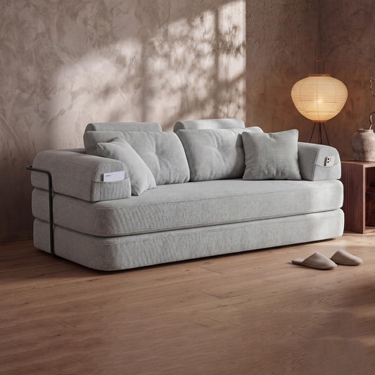 Boneless Floor Sofa, 3-in-1 Convertible Loveseat Sleeper Futon, Modular Small Space Couch Bed with High Headrests & Side Storage Pockets & 2-in-1 Pillow Blanket for Living Room, No Assembly, Bedroom