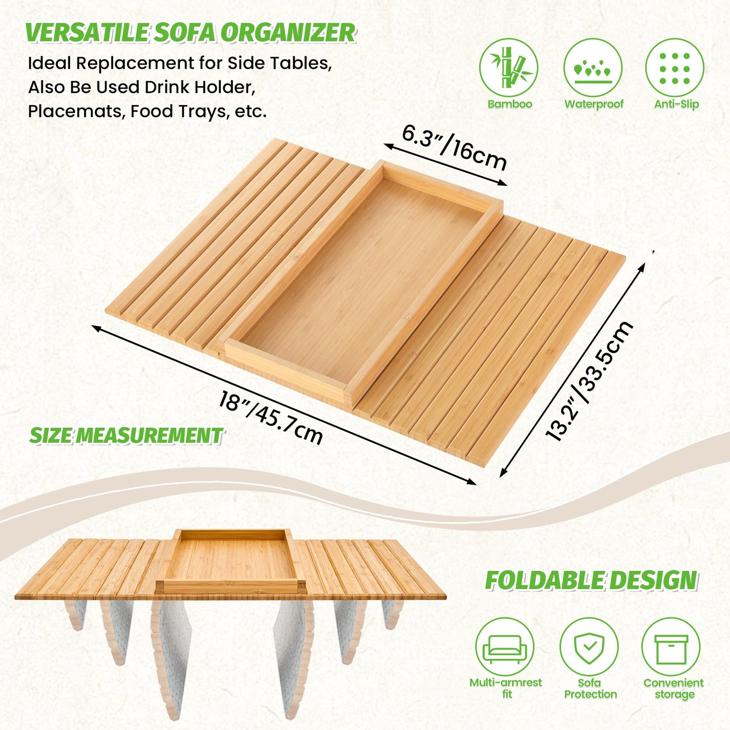 GEHE Bamboo Sofa Arm Tray, Foldable Couch Arm Tray Side Table, Anti-Falling Armrest Tables Cup Holder for Snacks, Drinks, Beers, Phone, Control, Flexible and Portable, Anti-Slip