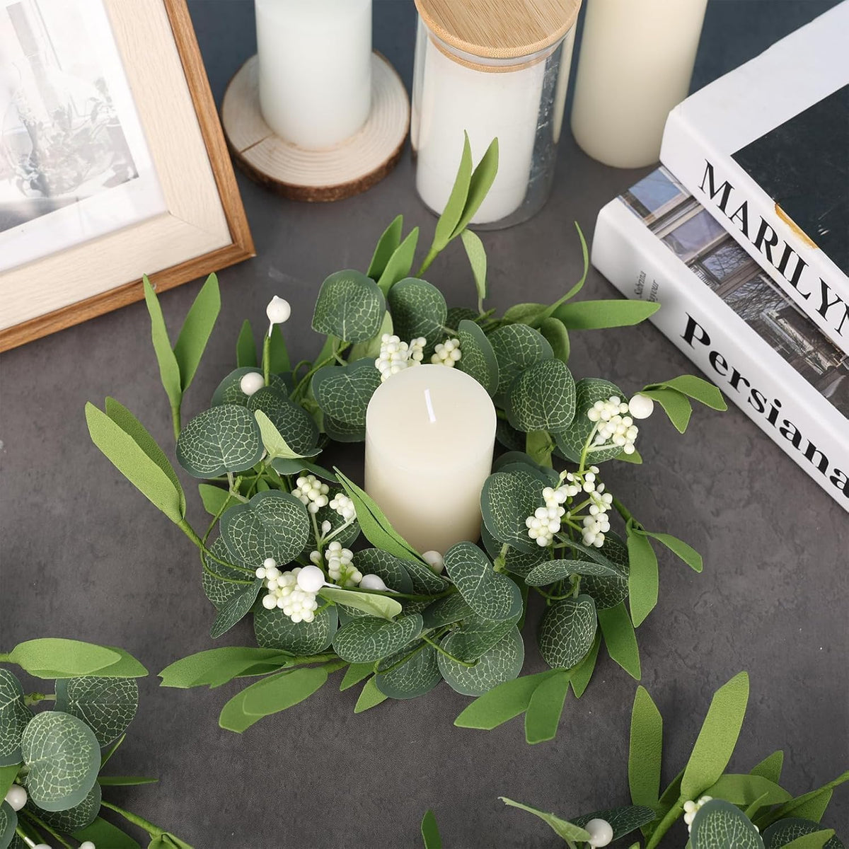 4 Pcs Green Artificial Eucalyptus Candle Rings Wreaths Mini Green Kitchen Cabinet Wreath Table Centerpieces Spring Summer with White Berry for Pillars Farmhouse Porch Front Door Wedding Decor