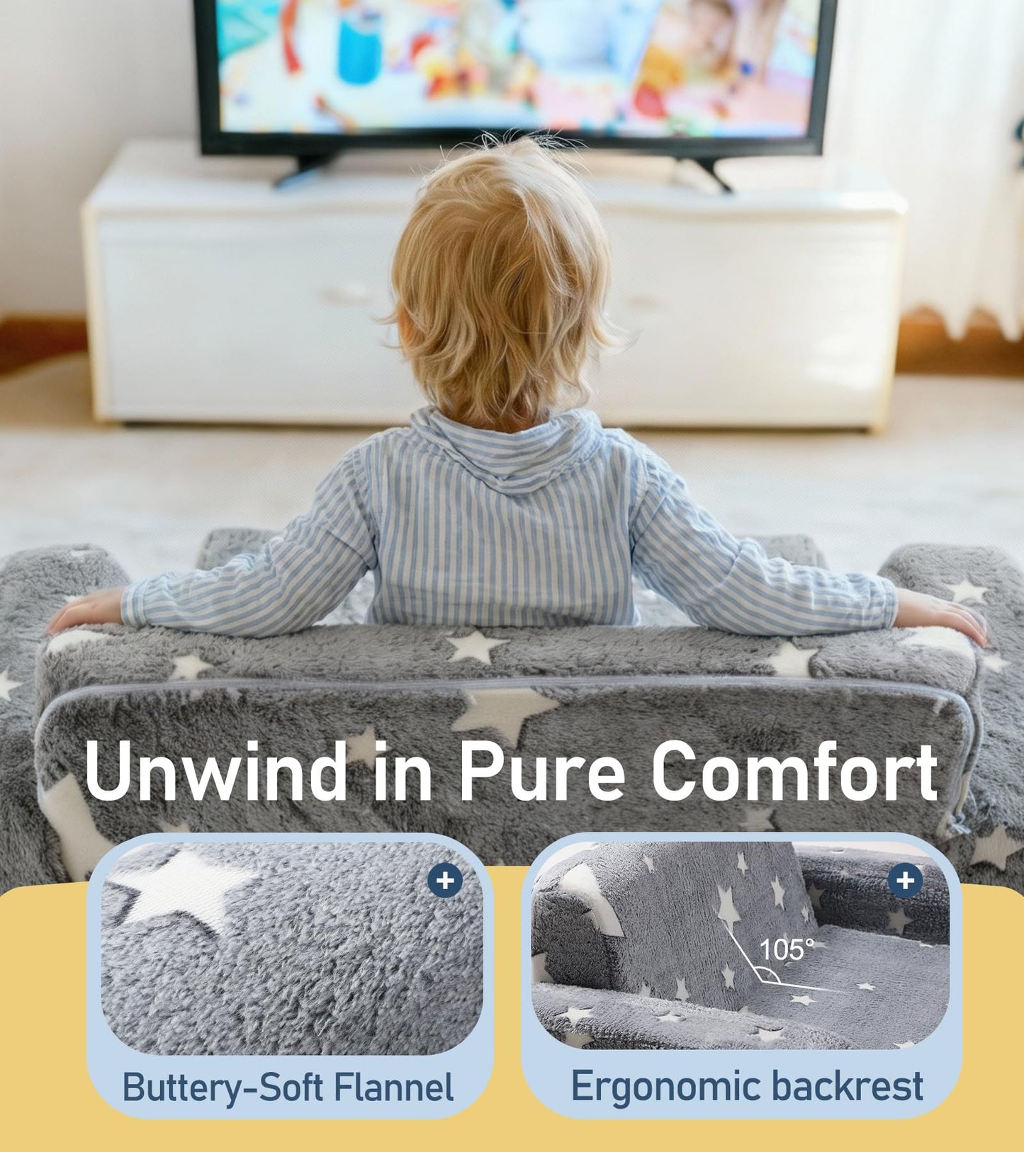 little dove 3-in-1 Extra Wide Convertible Kids Couch, Flip Open Kid Sofa, Machine-Washable Kid Couch for Girls, Kids Sofa for Fun Playtime, Grey, Flannel