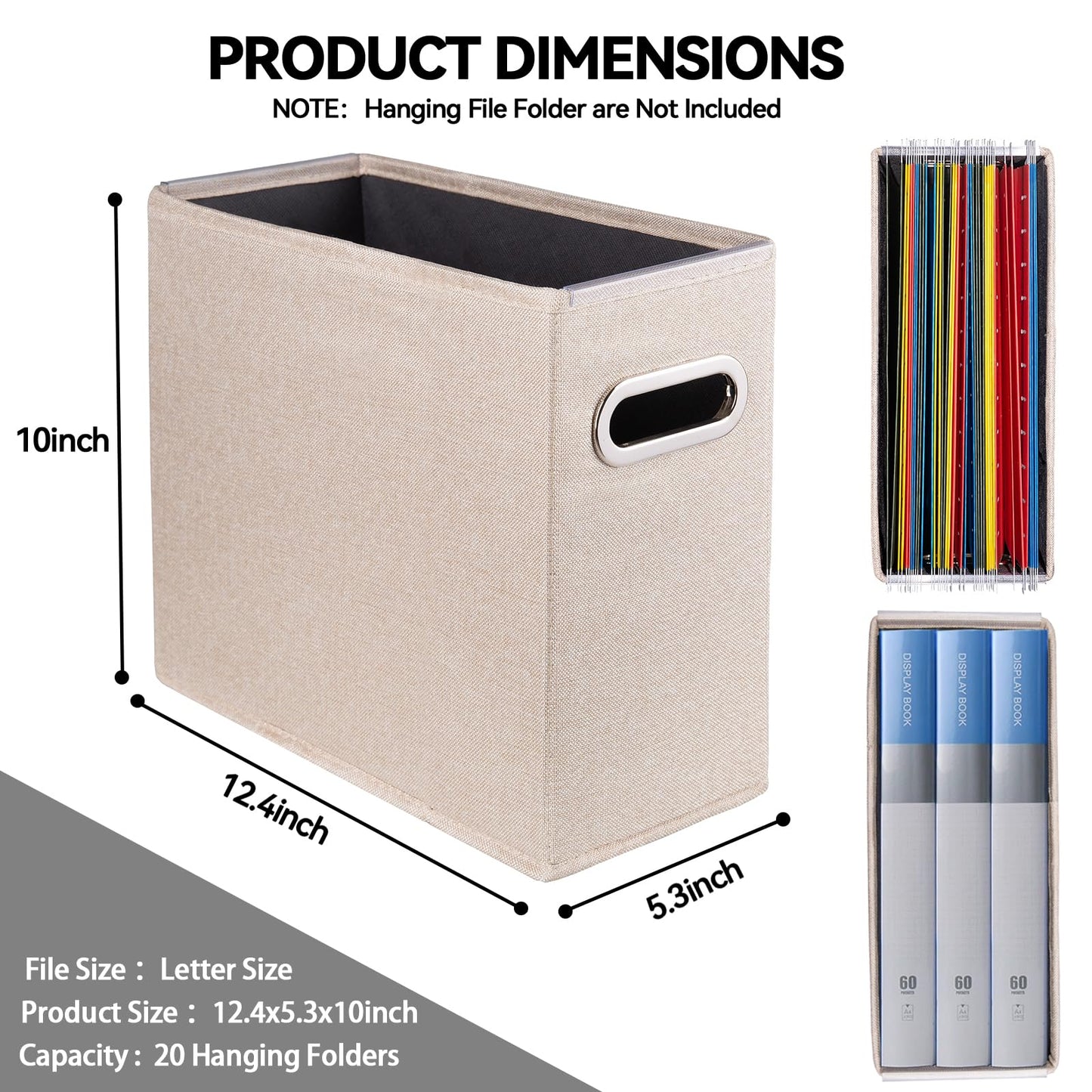 ComfortKeeper 2 Pack Letter Size File Storage Box Collapsible, Fabric Hanging File Folders Organizer, Portable Office Document Holder with Metal Handle, Smooth PVC Rails, Beige