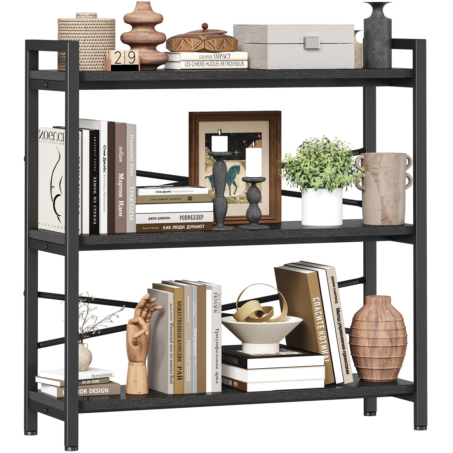 Book Shelf, 3 Tier Bookshelf 31.49" Width, Book Shelf Storage and Organization, Wooden and Metal Industrial Bookcase, Large Book Shelves for Home Living Room Bedroom Office Storage(Black)
