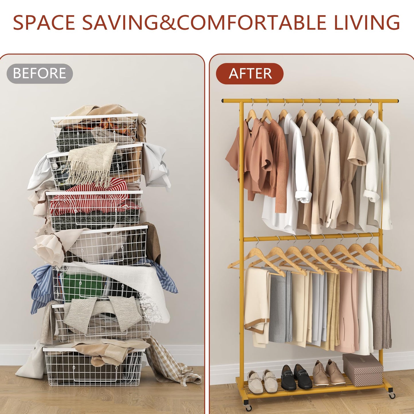 Sywhitta Double Rod Clothing Garment Rack, Rolling Coat Hanger with Bottom Mesh, Clothing Rack for Hanging Clothes, Coats, Skirts, Sweaters, Gold