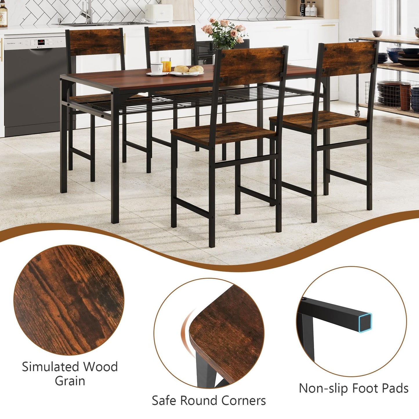 Giantex Dining Chairs Set of 2, Industrial Kitchen Chairs with Metal Legs, Slanted Back, Rustic Wood Grain, Armless Side Chairs for Dining Room, Restaurant, Living Room, Rustic Brown & Black