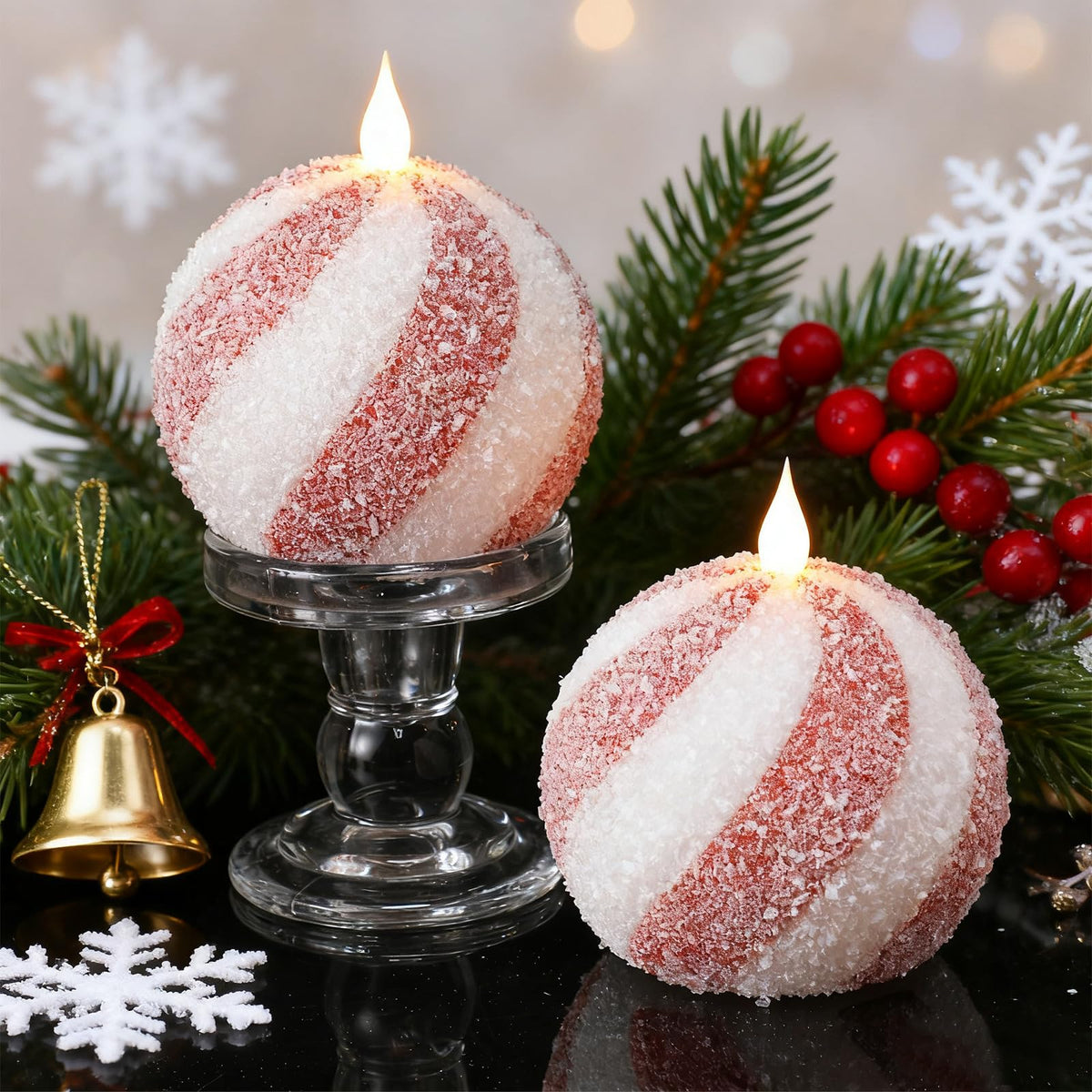 Baquler Set of 2 Christmas Candy Light Indoor Flameless Candles LED Candy Cane Light Xmas Red and White Glitter Ball Battery Operated Candles for Xmas Gift Holiday Party Room House Home Table Decor