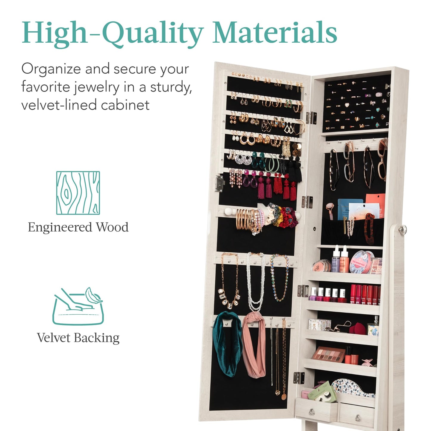 Best Choice Products Freestanding Jewelry Armoire Cabinet, Full Length Standing Mirror, Lockable Makeup Storage Organizer, w/Velvet Lining, 3 Angles, Lock, Accessory Pouch, 5 Shelves - Coastal White