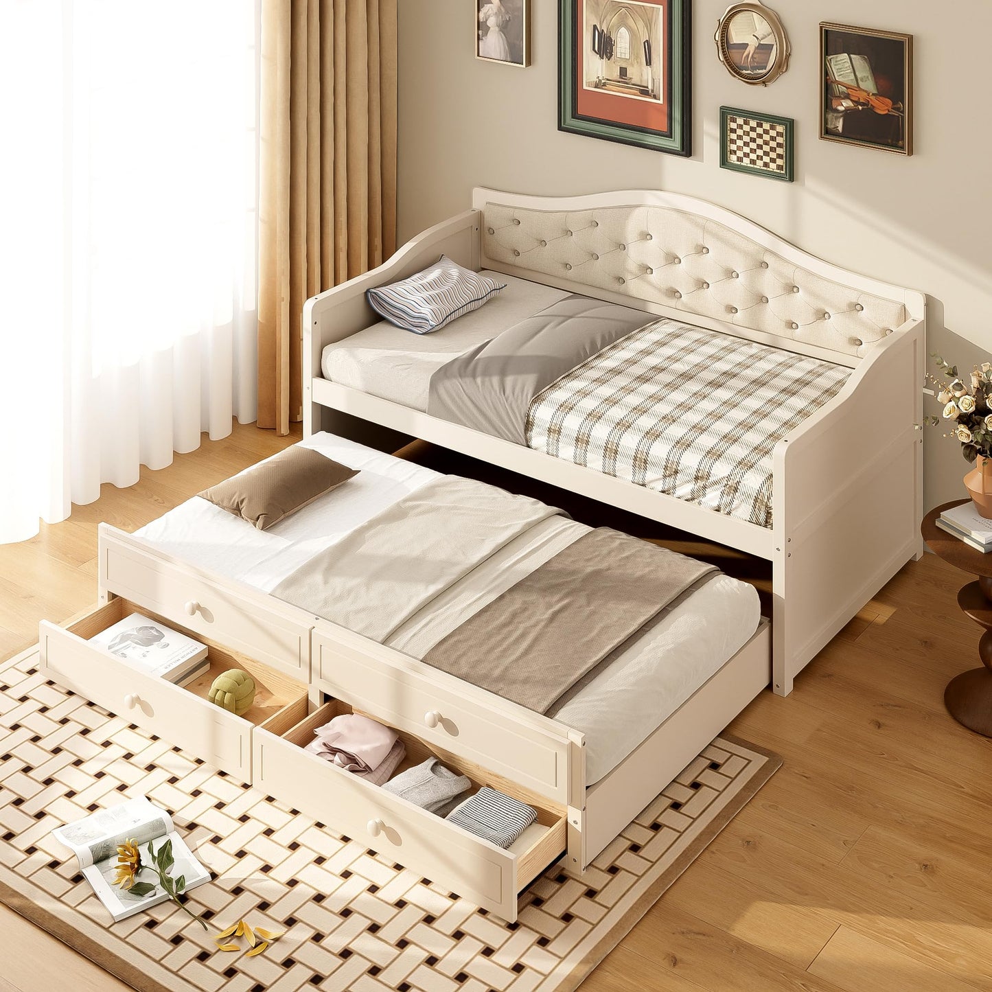NCKMYB Multifunctional Twin Daybed with Trundle, Wood Sofa Bed with 2 Storage Drawers and Upholstered Back, Space Saving for Small Rooms, Guest Room, Dorm (Beig)