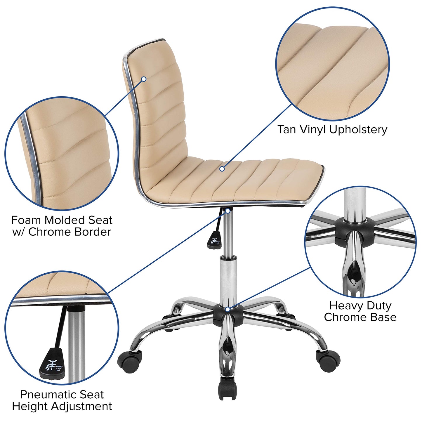 Flash Furniture Alan Low Back Designer Armless Tan Ribbed Swivel Task Office Chair