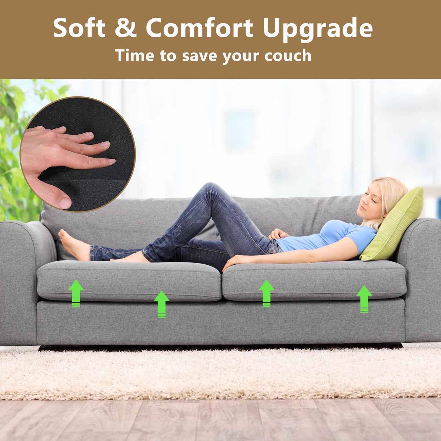moonoom 22"x22" Couch Cushion Support, Black Sofa Cushion Sagging Repair, Curved High Density Foam Replacement for Furniture Sagging Seat Sectional Loveseat Chair (3 Pcs)
