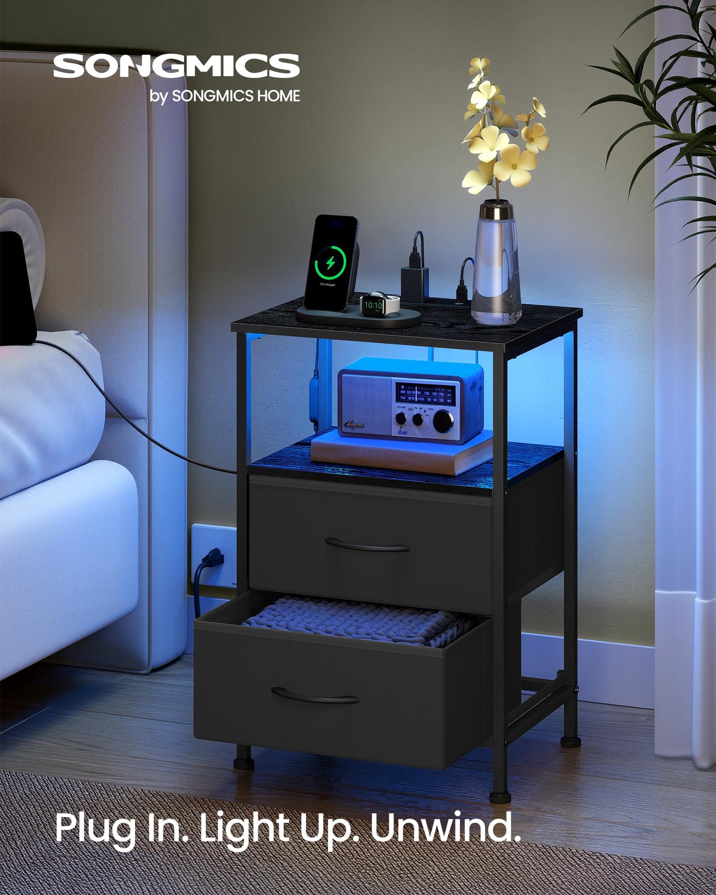 SONGMICS BELLAH Collection - Nightstand with Charging Station and App-Controlled Adjustable LED Lights, Bed Side Table, 2 Drawer and 1 Open Shelf, Bedroom, Ink Black and Ebony Black ULGS302BH01S