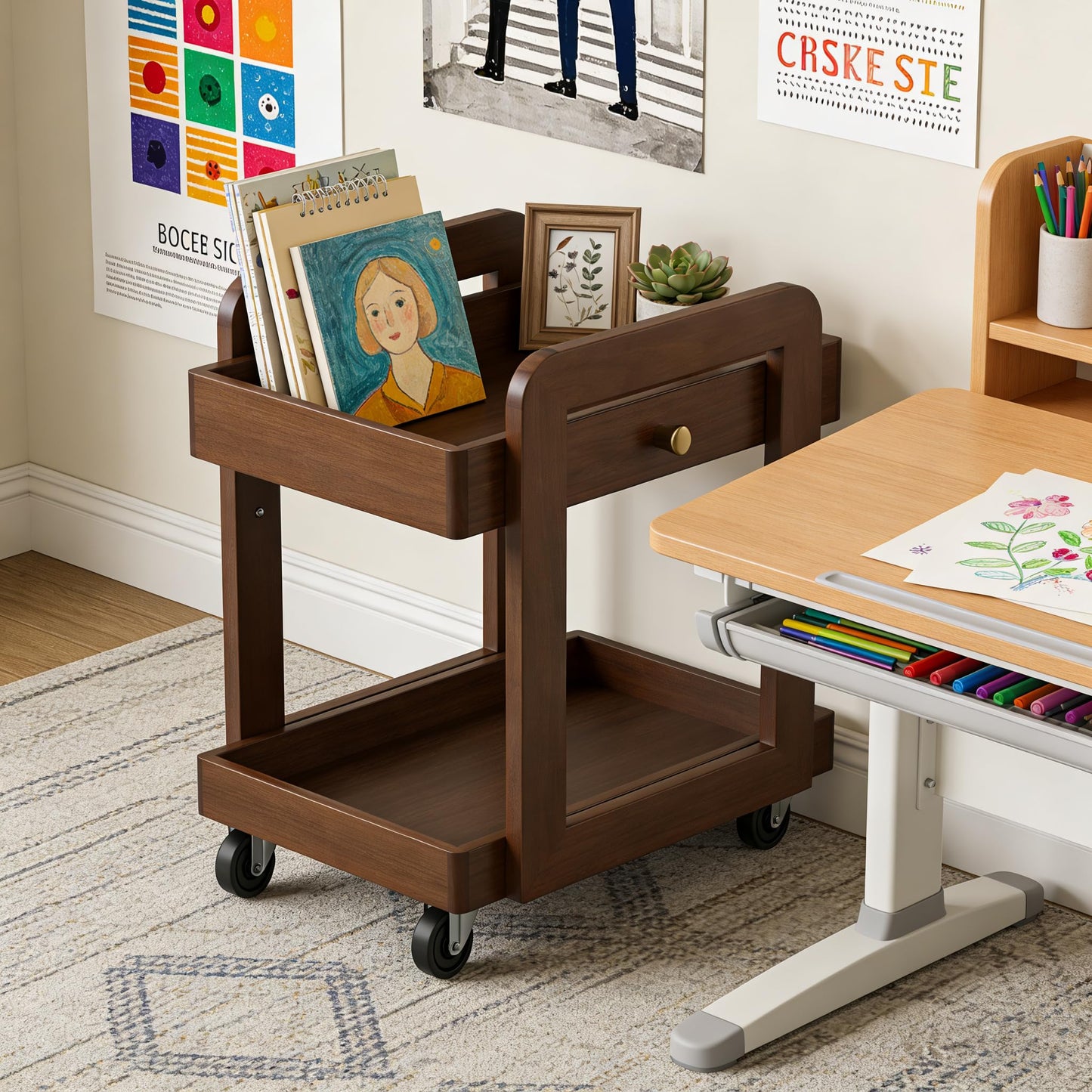 Rosolaratop Solid Wood Bar Cart with Drawer, 2-Tier Mobile Side Table with Universal Wheels, Walnut Finish Storage Trolley for Living Room, Tea Room, Bedroom