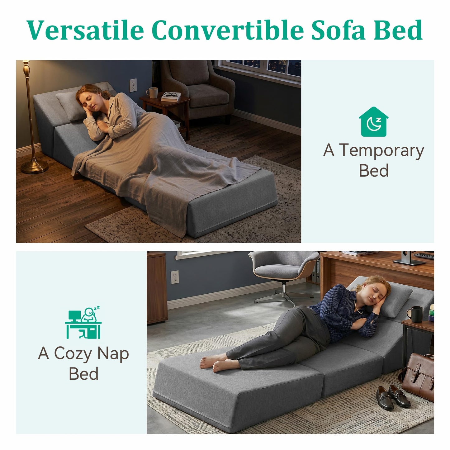 KAPEETOO Fold Out Chair Bed, Folding Sofa Bed, 3 in 1 Convertible Sleeper Chair Bed for Nap, Transformable Sofa Bed for Apartment,Dormitory,Bedroom