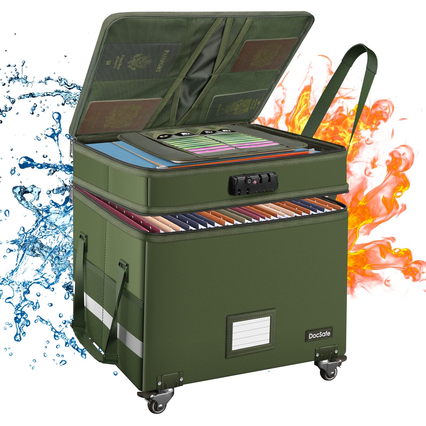 DocSafe File Box with Lock,2-Layer Fireproof Document Box with Wheels,Collapsible Rolling File Storage Organizer with Pockets,Large Portable Home Office Filing Cabinet Safe for Hanging Folders,Green