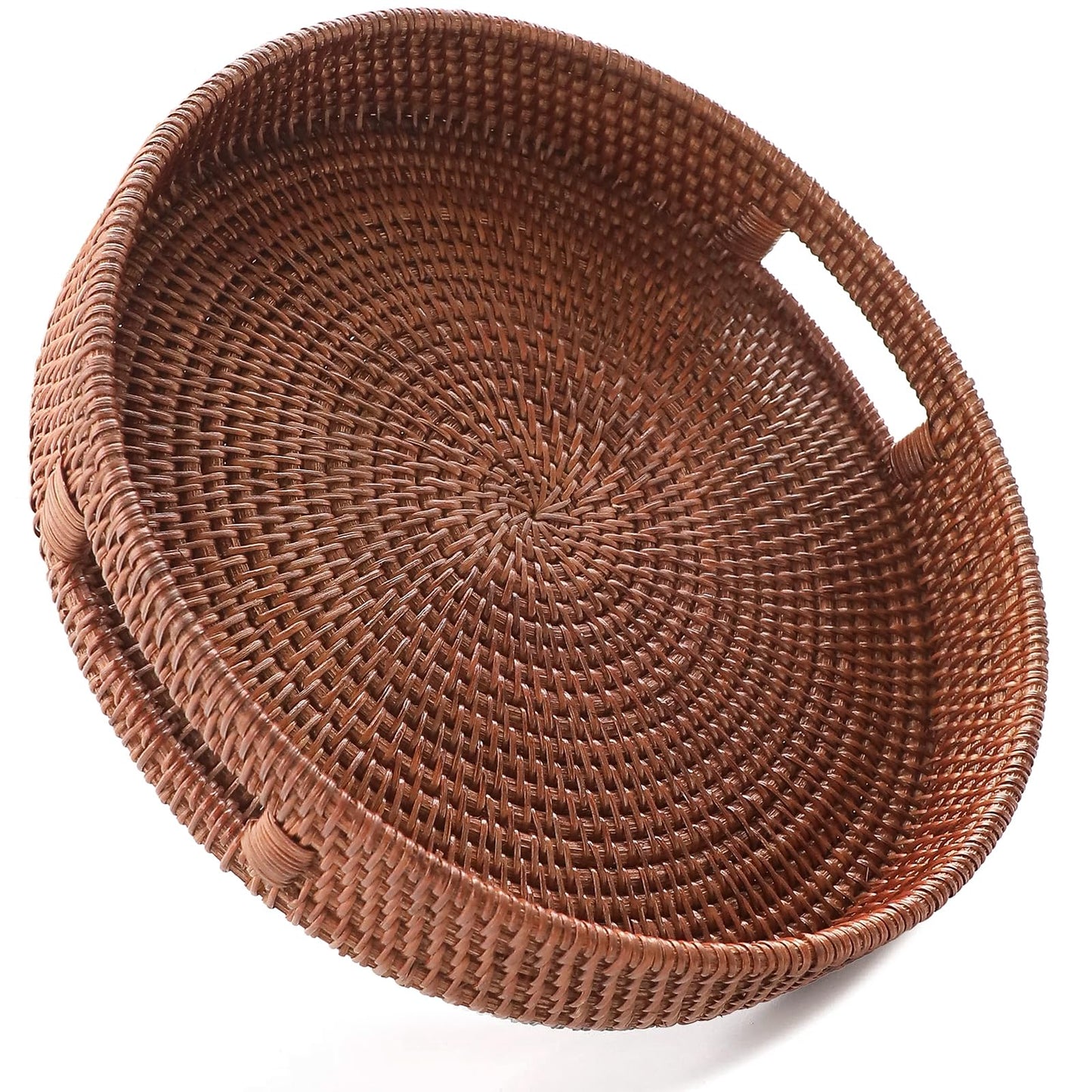 HITOMEN 14.2" Hand-Woven Round Rattan Serving Tray Decorative Ottoman Wicker Platter with Handles for Coffee Table, Breakfast, Drinks, Snack, Bread, Fruit, Vegetables (Brown - L)