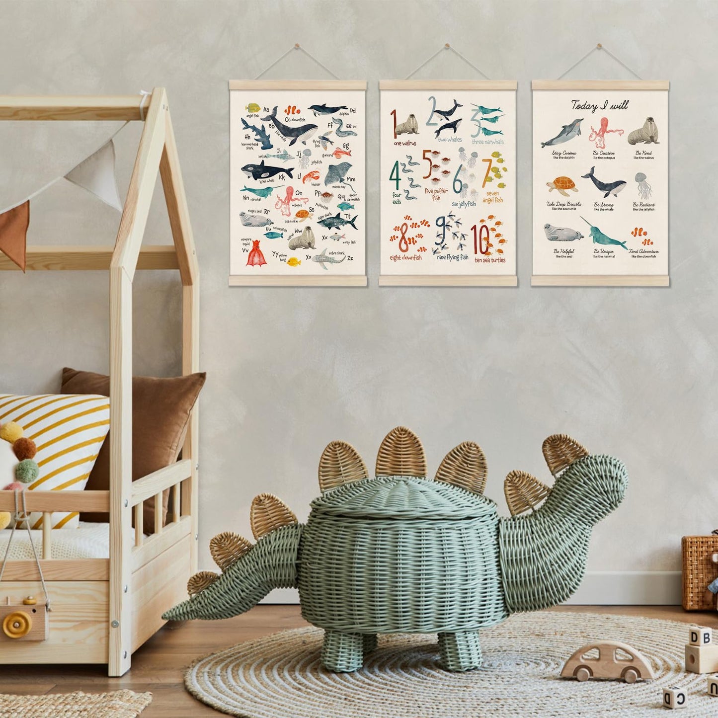 DOI-LANEE Numbers Alphabet Educational Poster for Kids - 3pcs 16x12 Inch - Ocean ABC Hanger Frame Playroom Nursery Wall Decor for Toddler - Kindergarten Teacher Classroom Must Haves