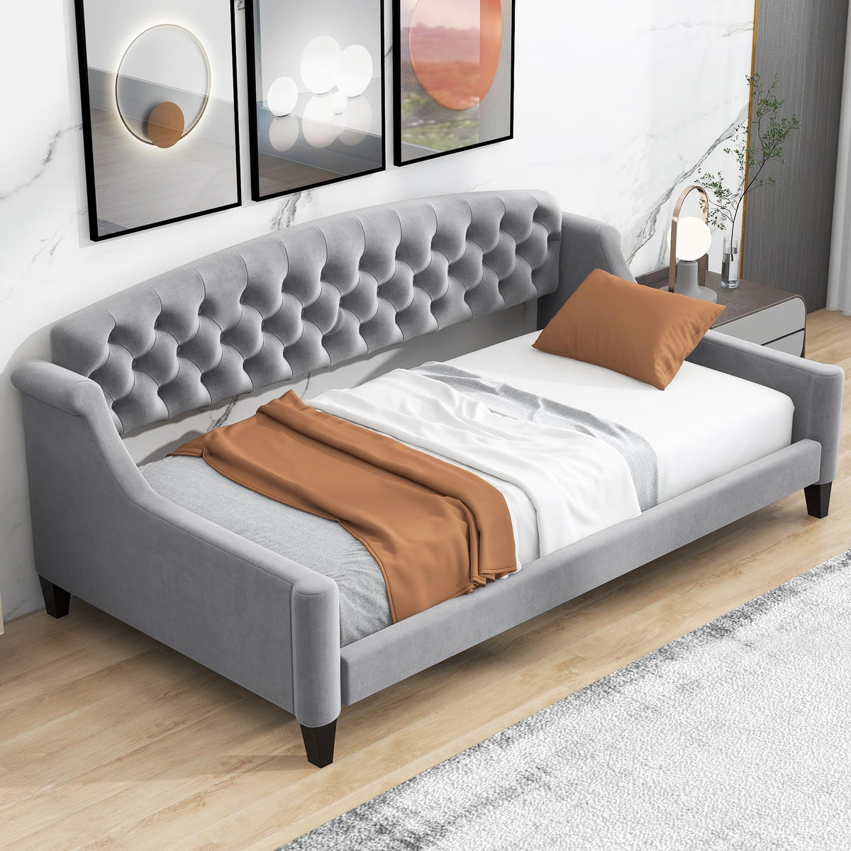 Ball & Cast Twin Size Daybed,Velvet Upholstered Day Bed Frame with Button Tufted Backrest,Modern Sofa Bed for Living Room, Bedroom,Guest Room,No Box Spring Needed,Gray