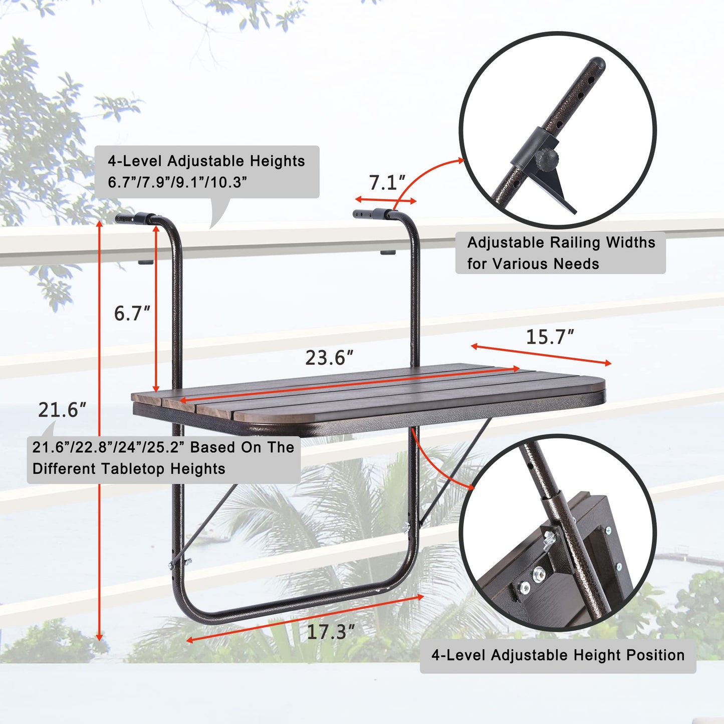 Patio Novagarden Balcony Railing Table Outdoor Hanging Folding Brown Aluminium Metal Side Table Adjustable 23.6"L x 15.7"W