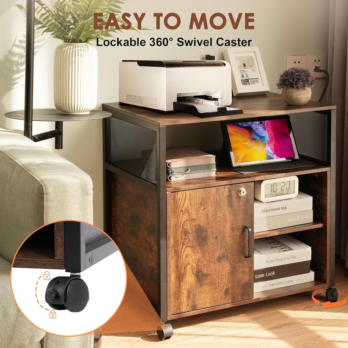 Rengue Lockable Lateral File Cabinet, Mobile Printer Stand Office Storage Organizer with Lockable Wheels & Charging Ports Height Adjustable Shelves for Home Office