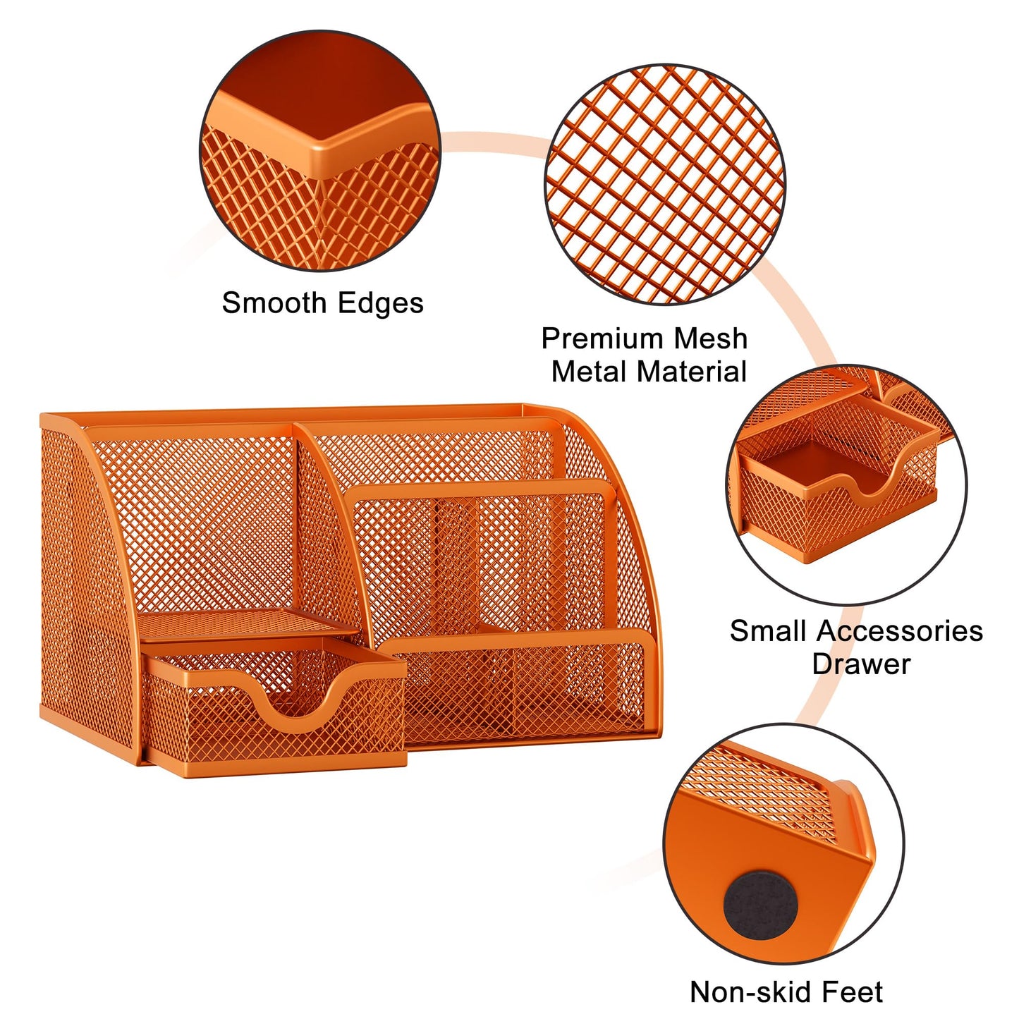 EasyPAG Mesh Desk Organizer with Drawer Multi-functional Pen Holder Stationery Organizer for Office School Supplies 6 Compartments Dorm Organizers and Storage for Desk, Orange