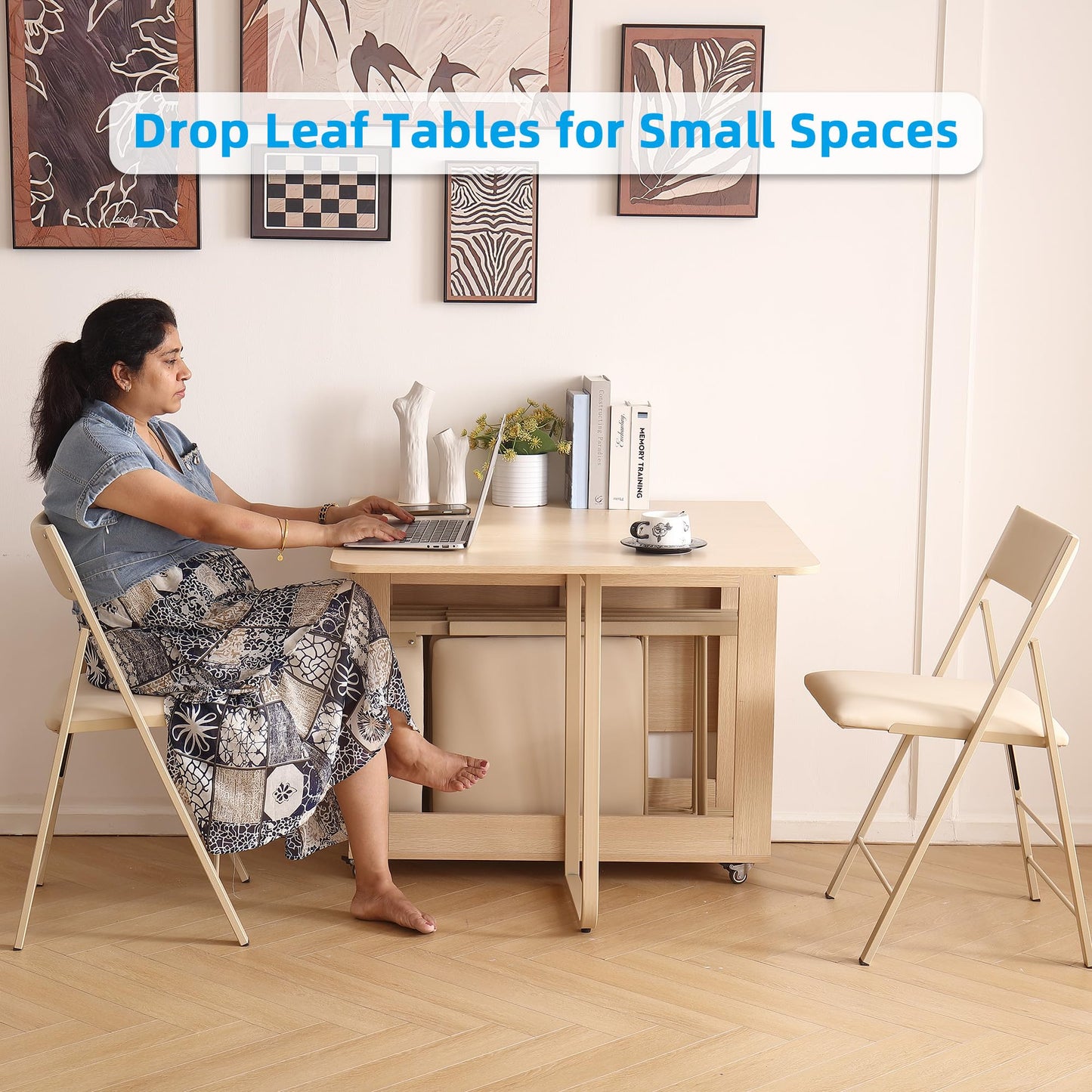Folding Dining Room Table for 4/6 with 35.4" Extra Wide Space Saving Drop Leaf Table with Lockable Wheels & Storage, Heavy Duty Eco Solid Wood Top 300lb, Convertible Desk for Apartments/RV/Home Office