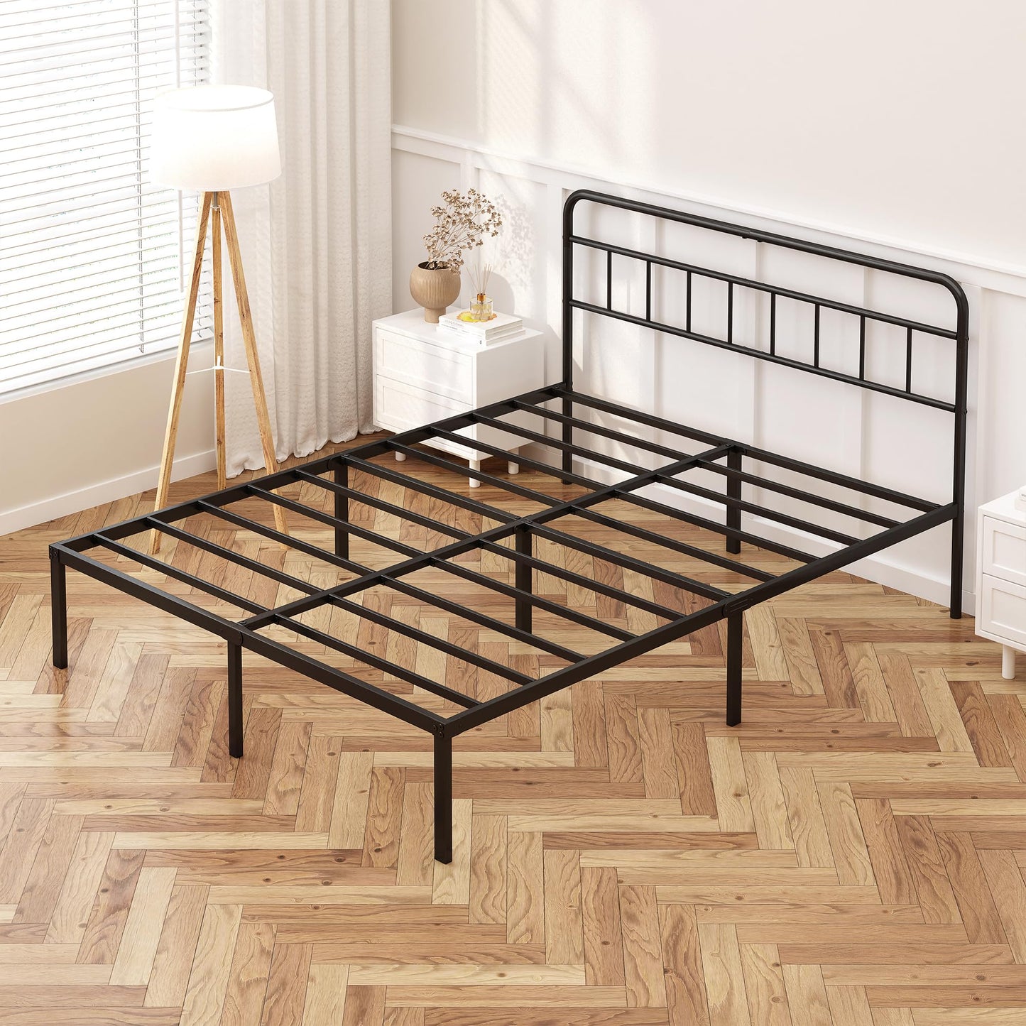 Kujielan 12 inches Queen Size Bed Frame with Minimalist headboard,Metal Platform Base with Strong Metal Slats,Mattress Foundation for Under Bed Storage,Easy Assembly,Black
