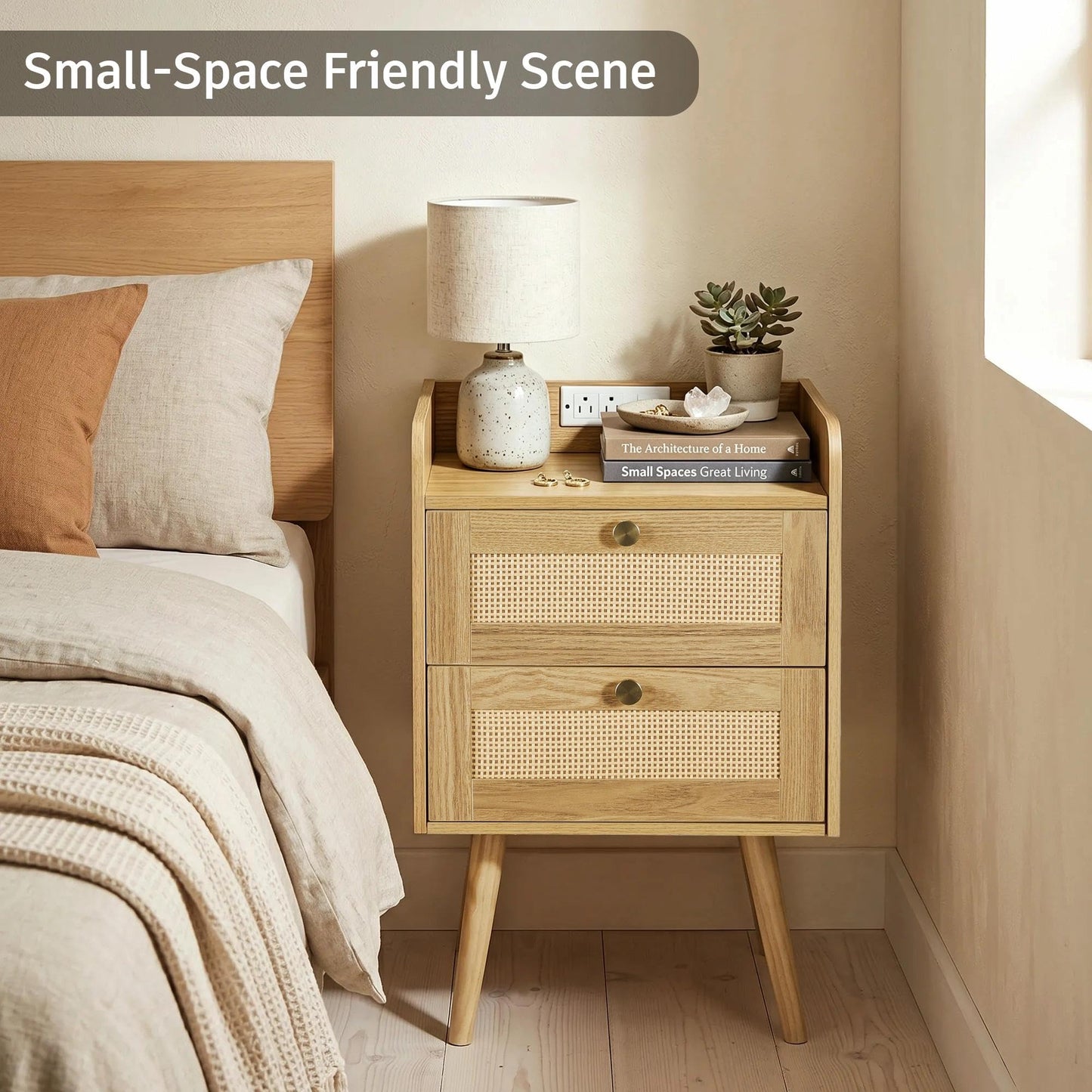 Nightstands Set of 2 with Charging Station, Modern Boho Rattan Bedside Tables with 2 Drawers,Open Storage End Tables for Bedroom, Small Spaces and Dorm, Solid Wood Legs,Natural