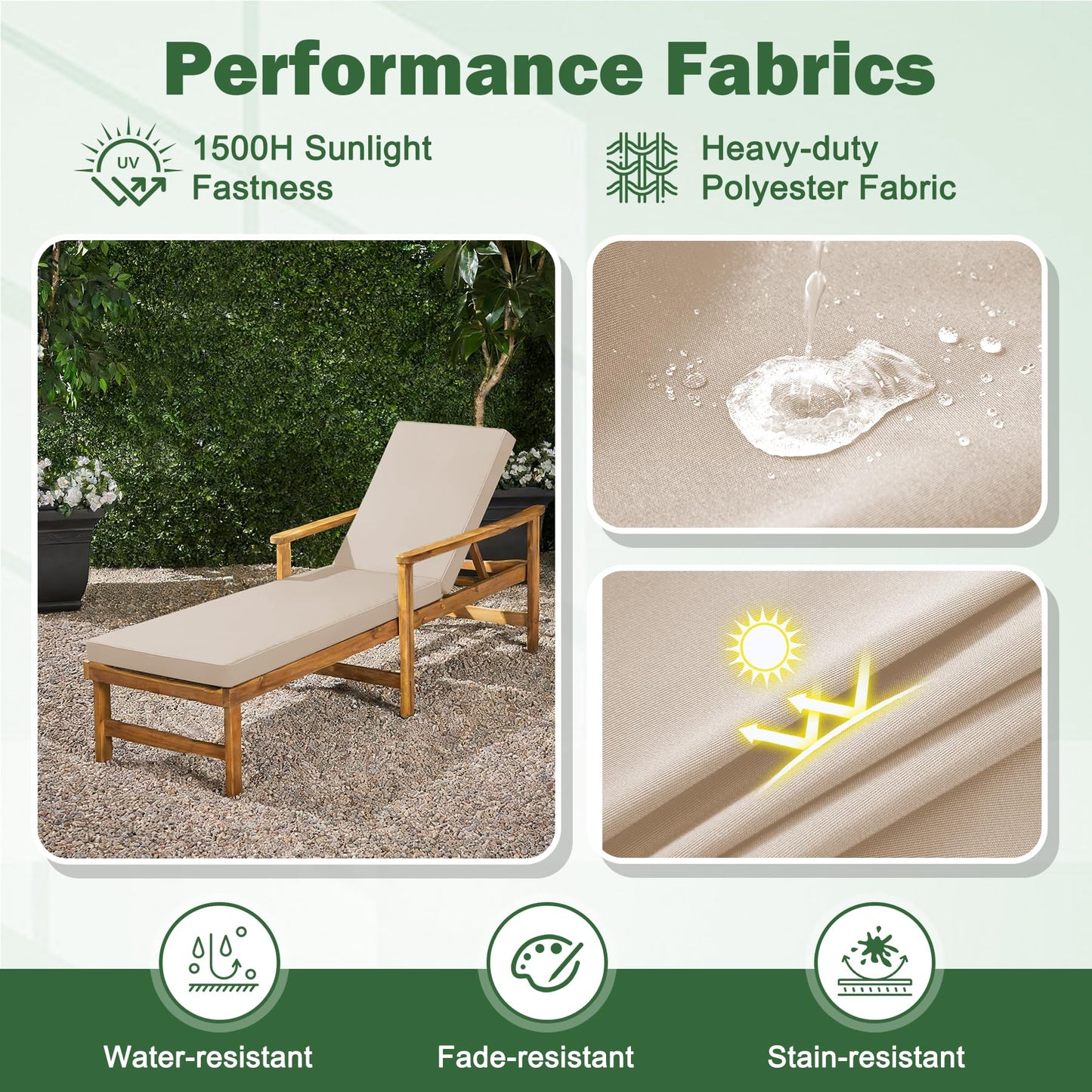 Aegisun Chaise Lounge Cushions Outdoor, 72x 21x 3 Inch Waterproof & Fade-Resistant Lounge Chair Cushion, Outdoor Chaise Cushion with Removable Cover & Ties for Lawn, Patio, Pool & Beach, Beige