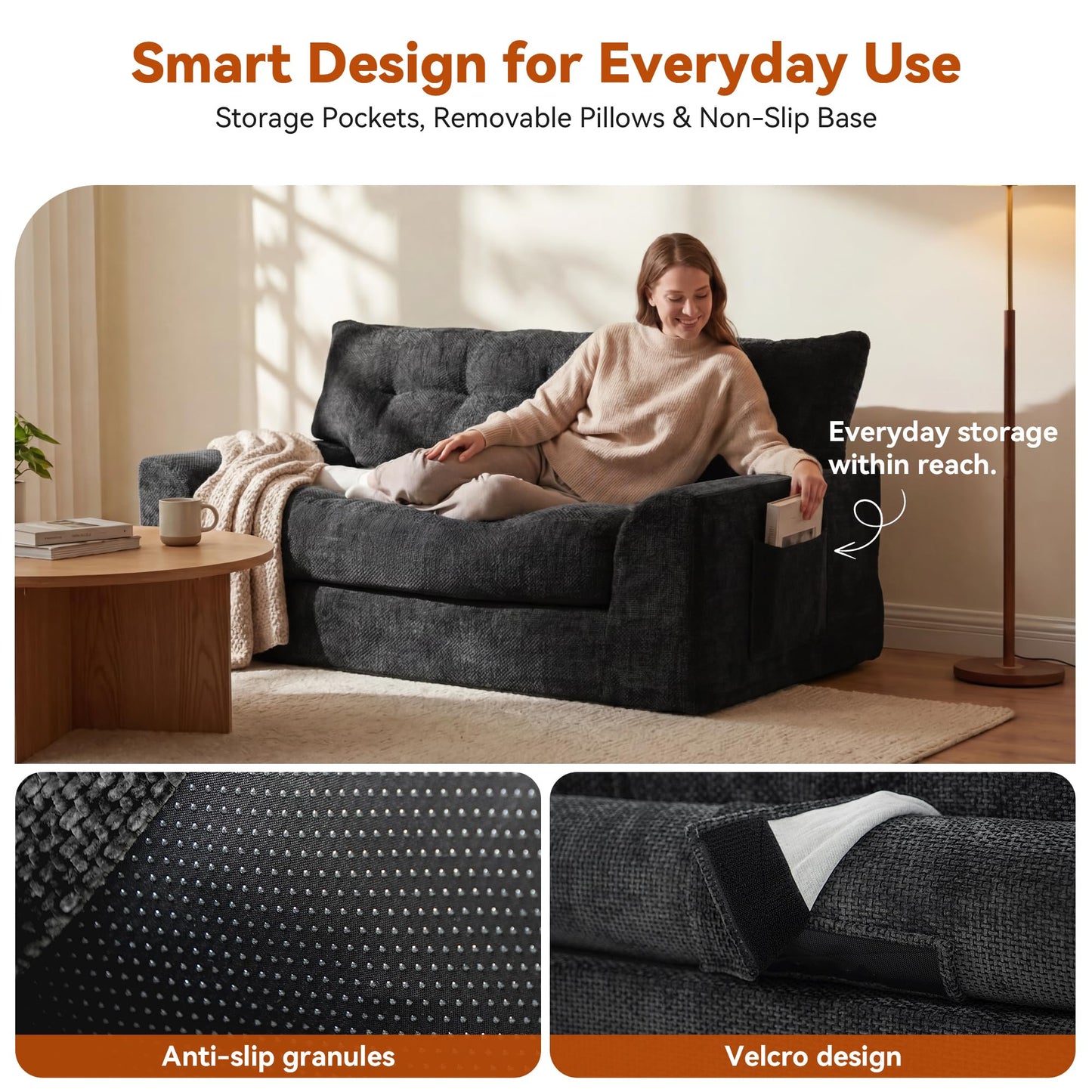MONVANE 55.5" Convertible Loveseat Sofa Bed, 2-in-1 Boneless Sleeper Sofa Couch with Storage Pocket, Comfy Chenille Deep Seat Couch for Living Room, No Assembly Required, Black
