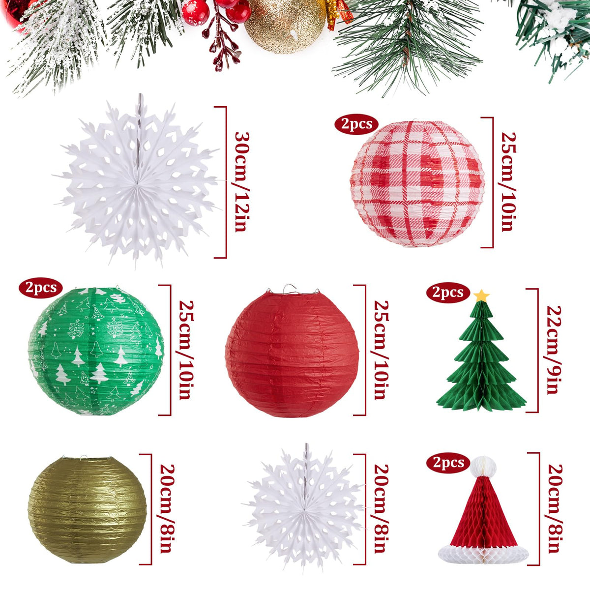 OBBOLO Christmas Hanging Decorations, 12 PCS Paper Lanterns, Honeycomb Christmas Trees, Hanging Paper Fans, Red Green Gold White Holiday Party Supplies for Home Xmas Holiday Party