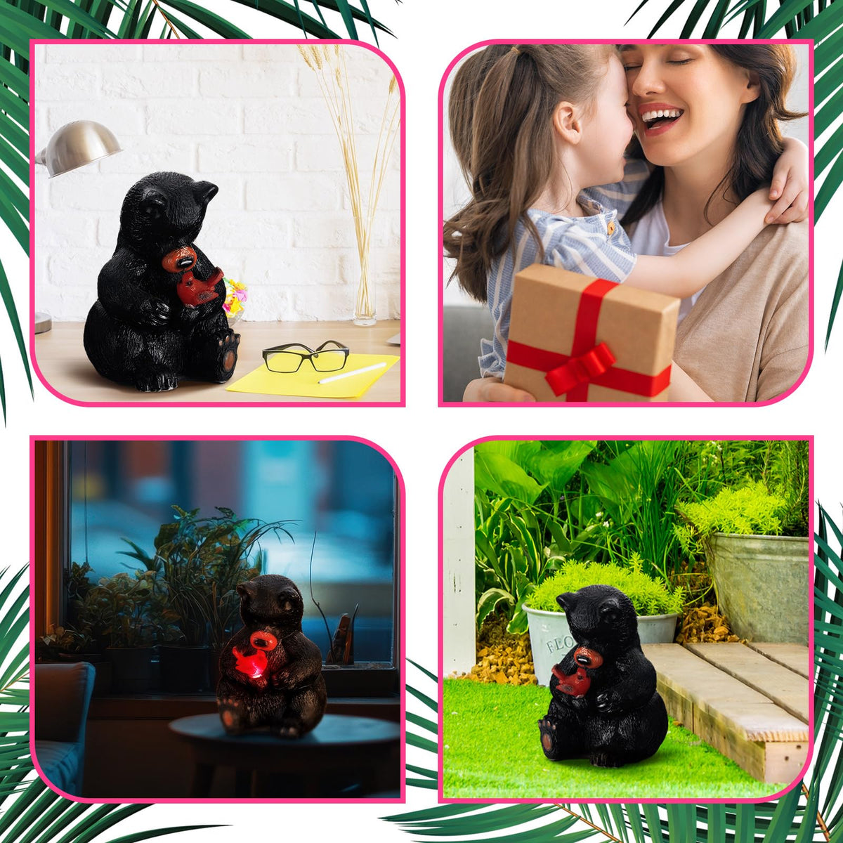 Geelin Solar Black Bear Statue Decoration Garden Bear and Cardinal Figurine Christmas Lighted Outdoor Yard Garden Patio Lawn Decor Unique Birthday Housewarming Gifts for Mom Women 5.5 Inch