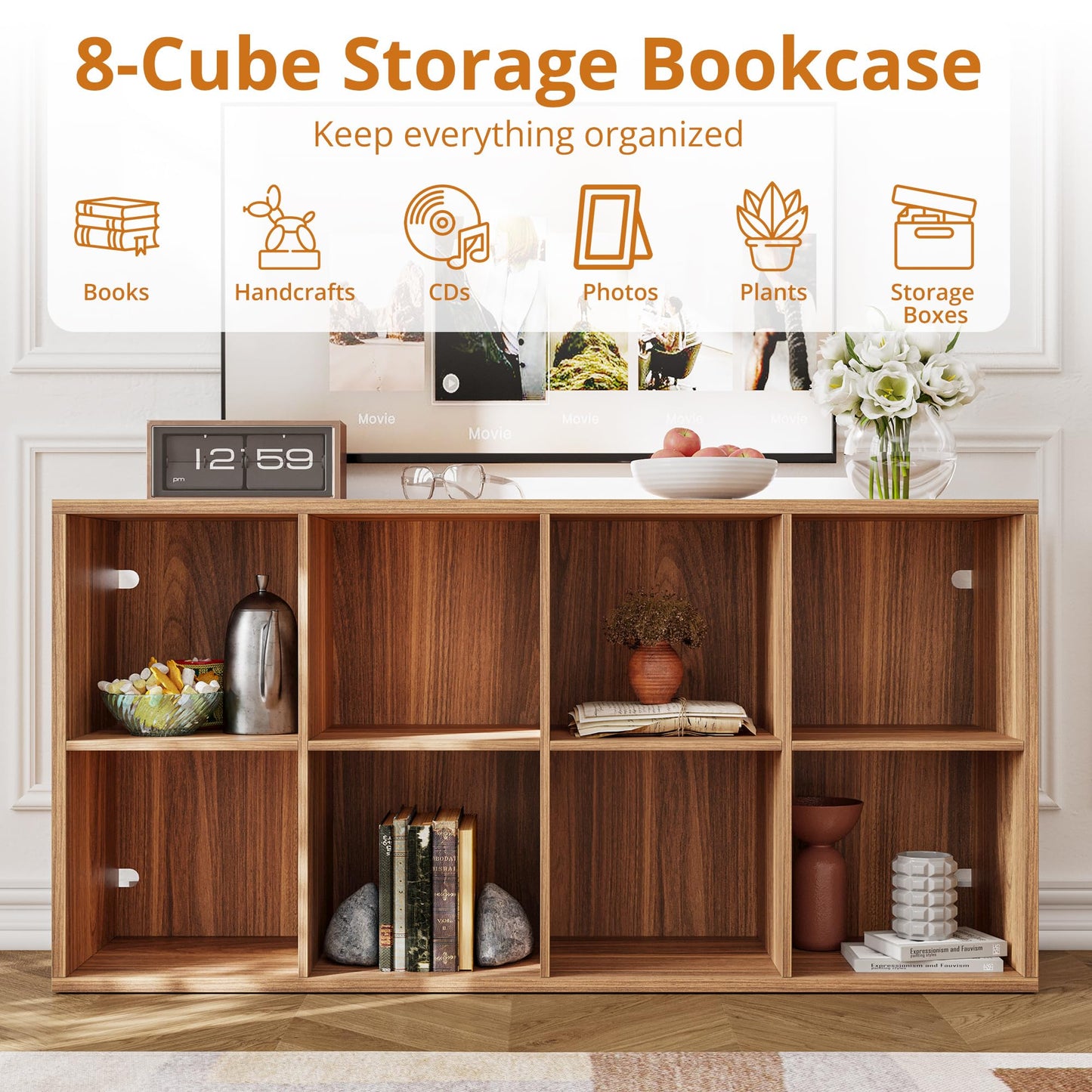 IRONCK Bookshelf, 8-Cube Storage Cube Shelf Organizer, Extra Thick Frame Horizontally & Vertically Reversible Bookcase with Open for Living Room, Bedroom, Home Office, Oak Brown