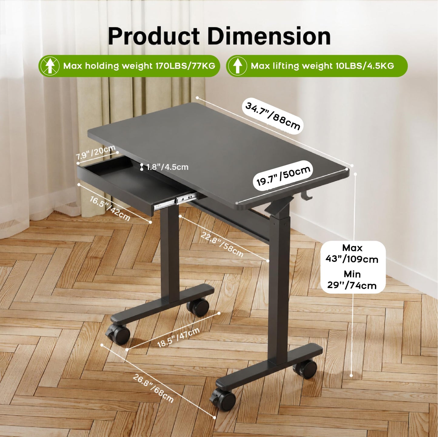 DAWNYIELD Standing Desk for Walking Pad with Wheels, Pneumatic Cordless Height Adjustable Rolling Desk, Mobile Computer Workstation with Drawer Hook Locking Casters for Treadmill & Home Office, Black