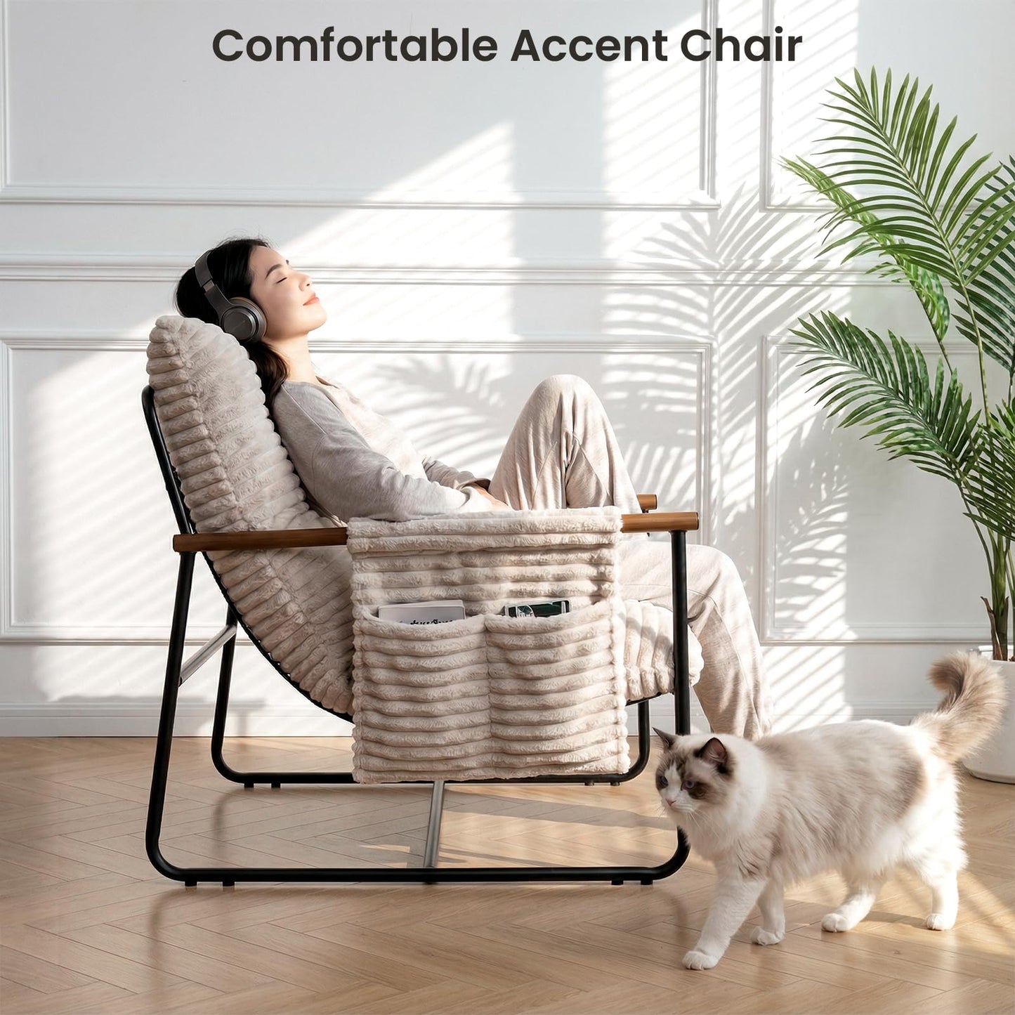 HavBeat Comfy Accent Chair Cozy Reclining Sleeper Oversized Recliner Arm Chairs for Living Room Modern Lounge Armchair with Wood Armrests Sturdy Upholstered Single Sofa for Bedroom Home Office